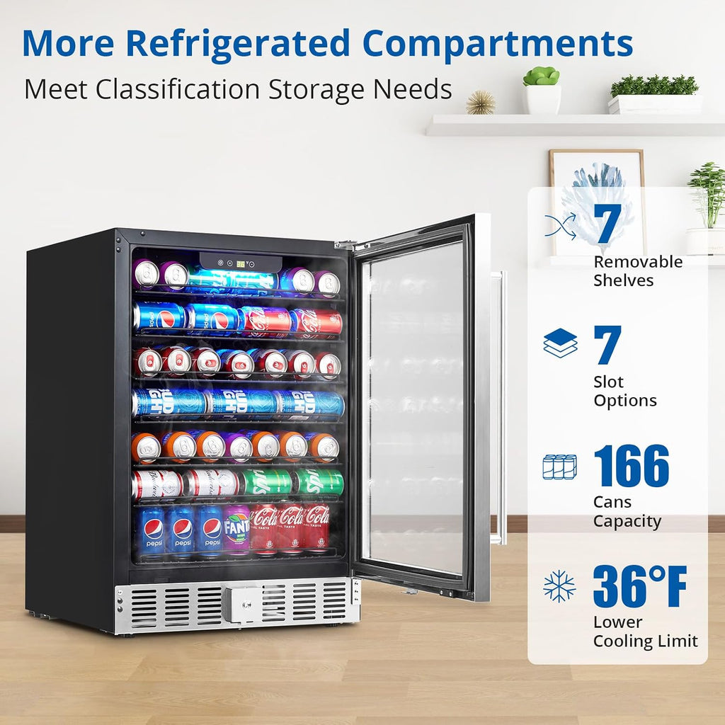 GarveeHome 24 in Beverage Refrigerator, 5.1 Cu.Ft Beverage Fridge, 166 Cans Capacity Drink Fridge with 36～60°F Adjustable Digital Temperature Control Compressor and Safety Lock