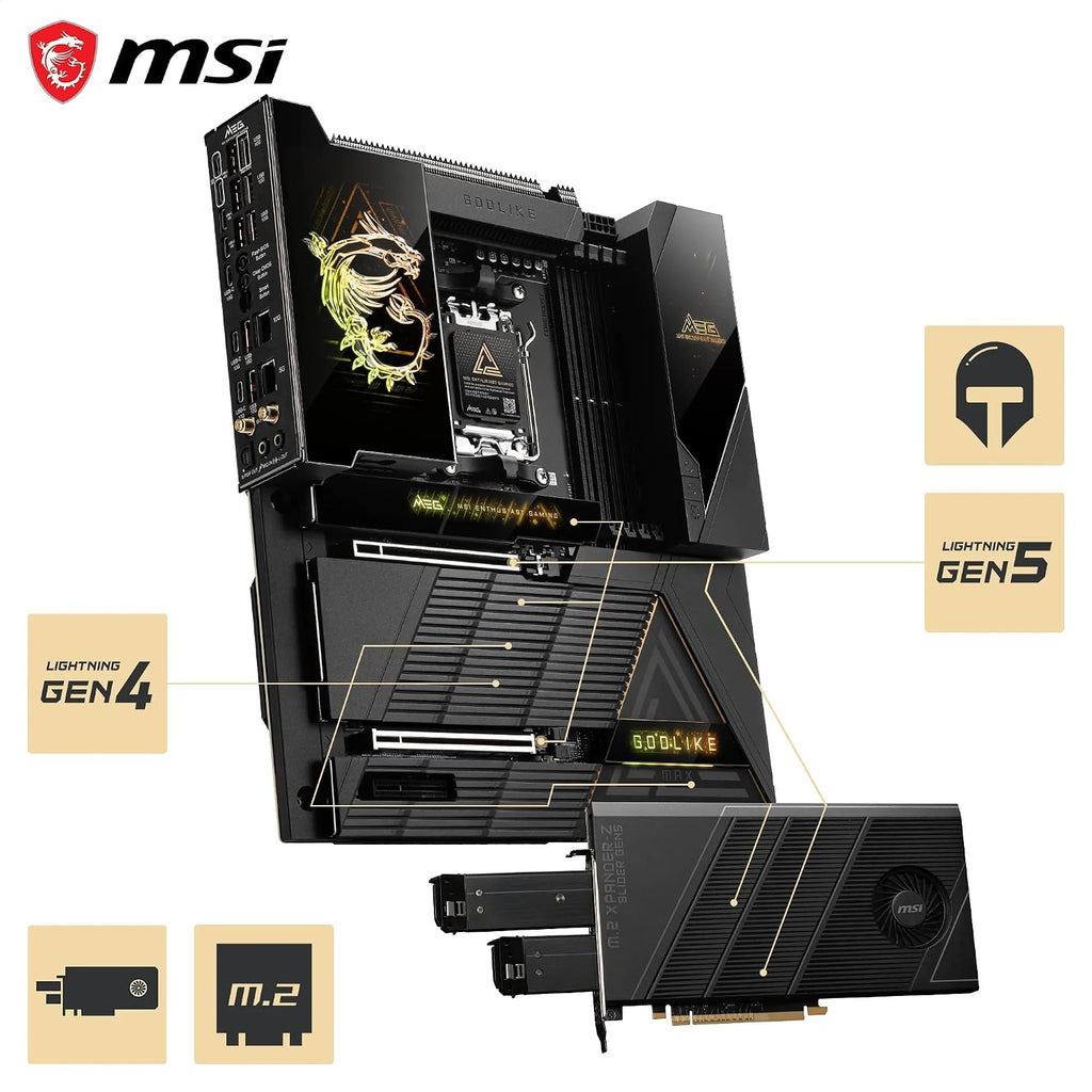 MSI MEG X870E GODLIKE MAX, E-ATX - Supports AMD Ryzen 9000/8000/7000 Processors, AM5 - Dynamic Dashboard III, EZ Slide M.2, 64MB BIOS ROM, 110A SPS, M.2 & PCIe 5.0, USB4, Wi-Fi 7, 10G + 5G LAN
