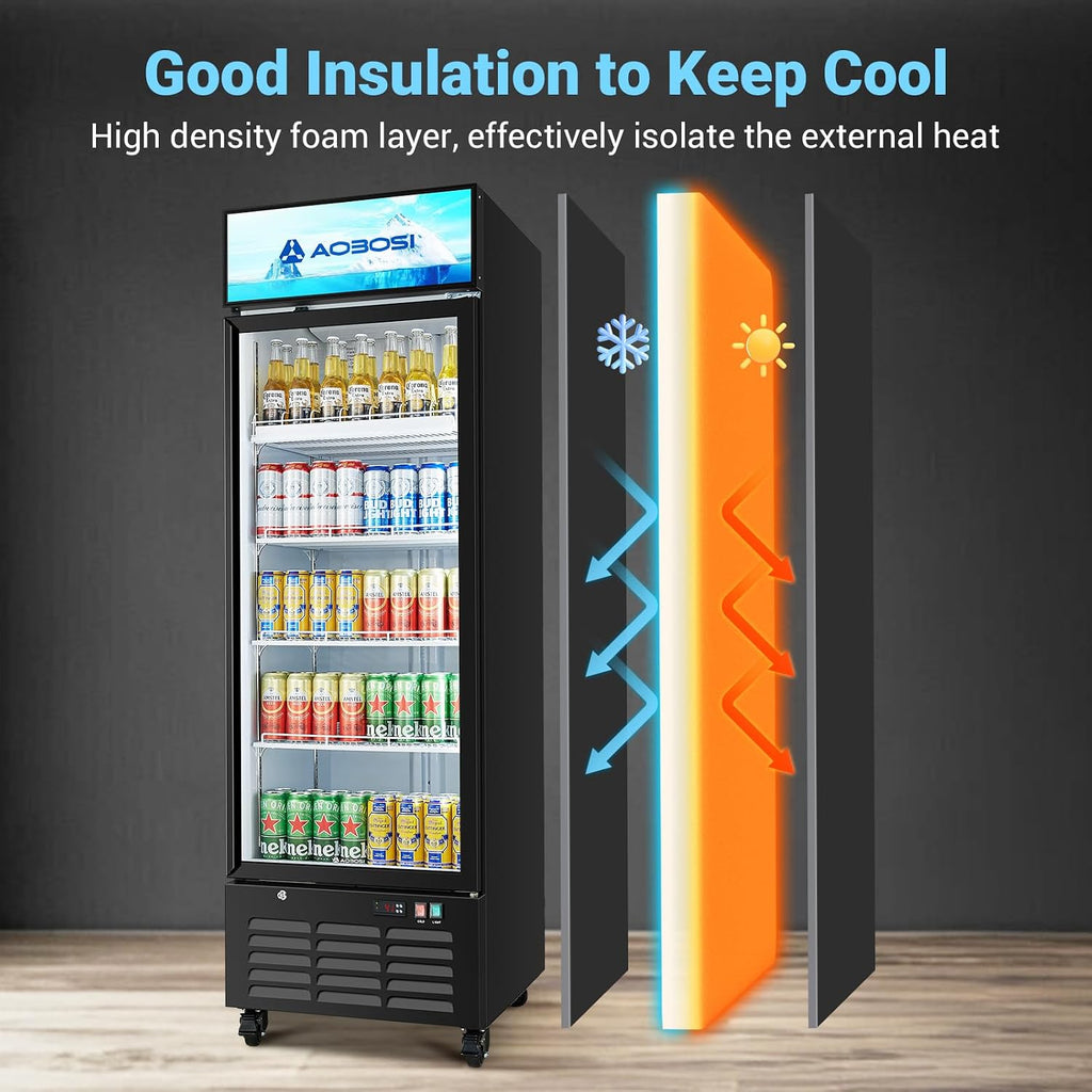 AAOBOSI Commercial Merchandiser Refrigerator,17.1 Cu.Ft Glass Door Display Refrigerator,Upright Beverage Cooler Fridge with Soft LED Light, Customizable Lightbox,Universal Casters,Adjustable Shelves