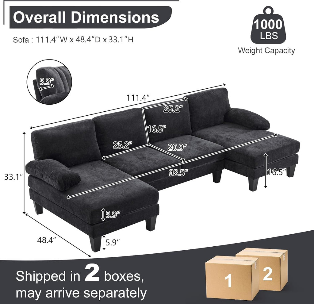 Karl home 111' Sectional Sofa U-Shaped 4-Seat Couch with Chaises Wood Grian Legs Chenille Fabric Upholstered for Living Room, Apartment, Office, Black