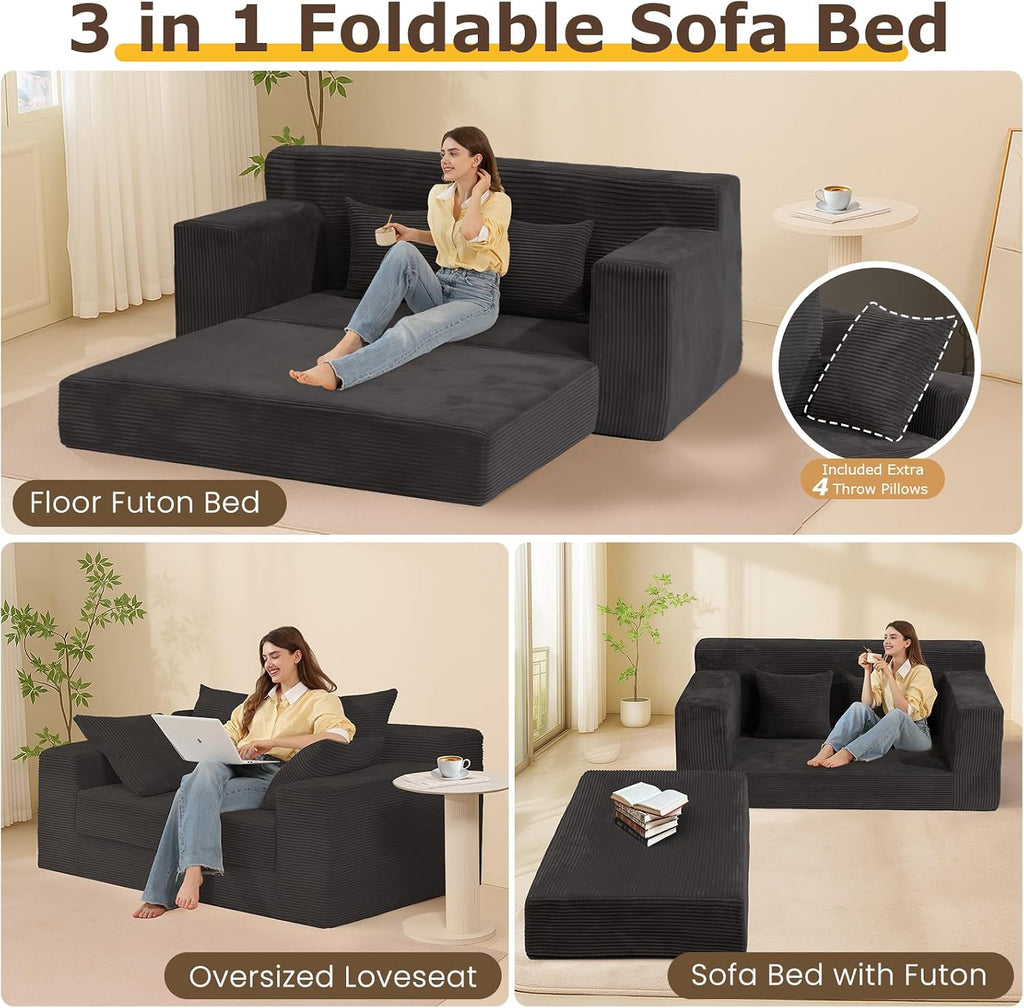 cidludto Convertible Sofa Bed, Boneless Loveseat Folding Couch Bed Foldable - 3 in 1 Small Ccouch & Futon Sofa Sleeper, Corduroy Pull Out Couch with 4 Pillows for Living Room, Black