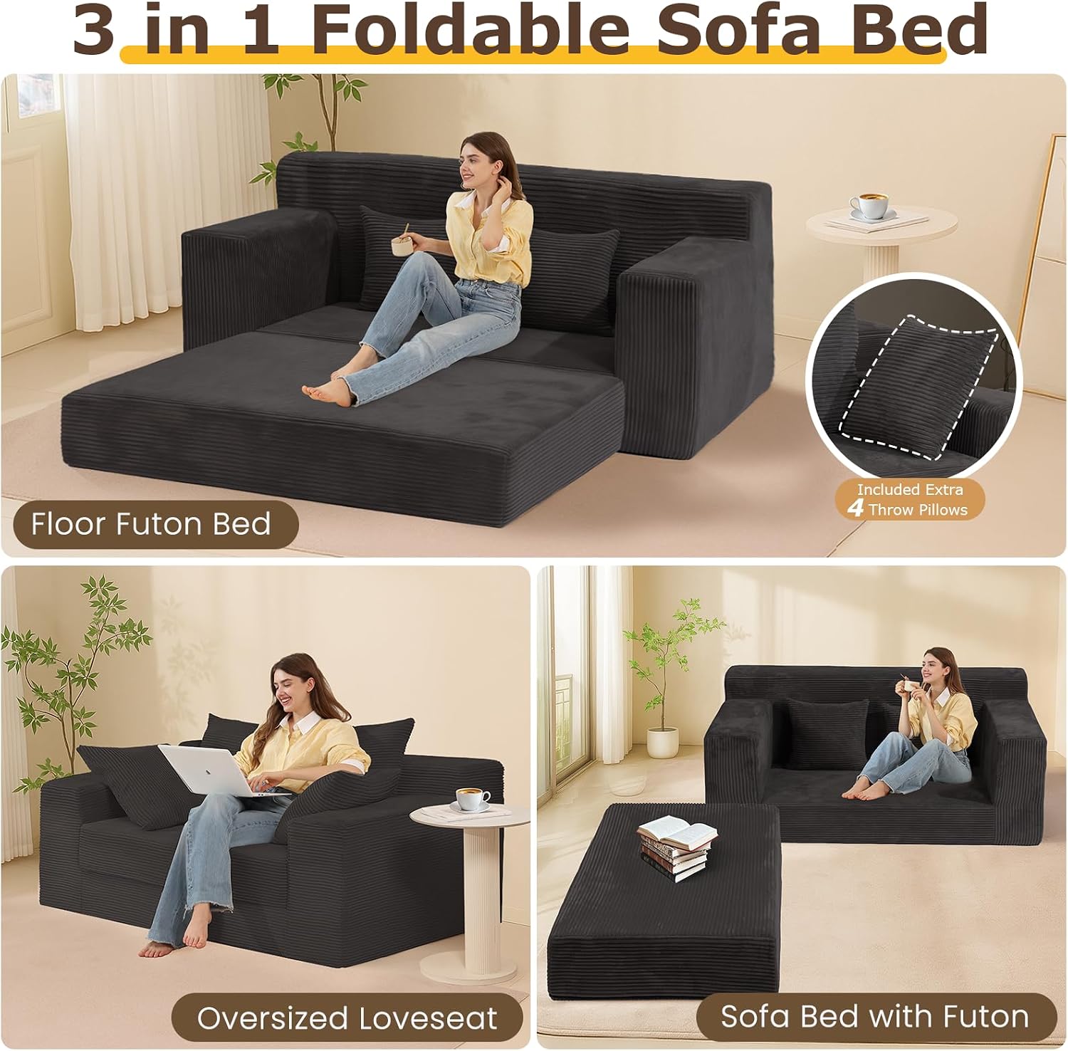 cidludto Convertible Sofa Bed, Boneless Loveseat Folding Couch Bed Foldable - 3 in 1 Small Ccouch & Futon Sofa Sleeper, Corduroy Pull Out Couch with 4 Pillows for Living Room, Black