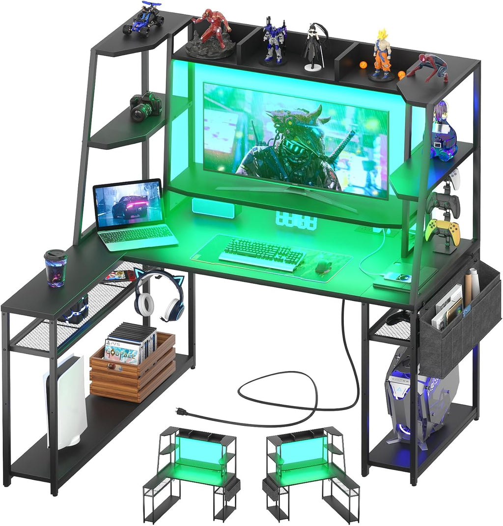 armocity L Shaped Gaming Desk with Hutch & Shelves, 47'' Computer LED Lights Power Strips, Reversible PC Shape Storage, for Monitor Stand, Black