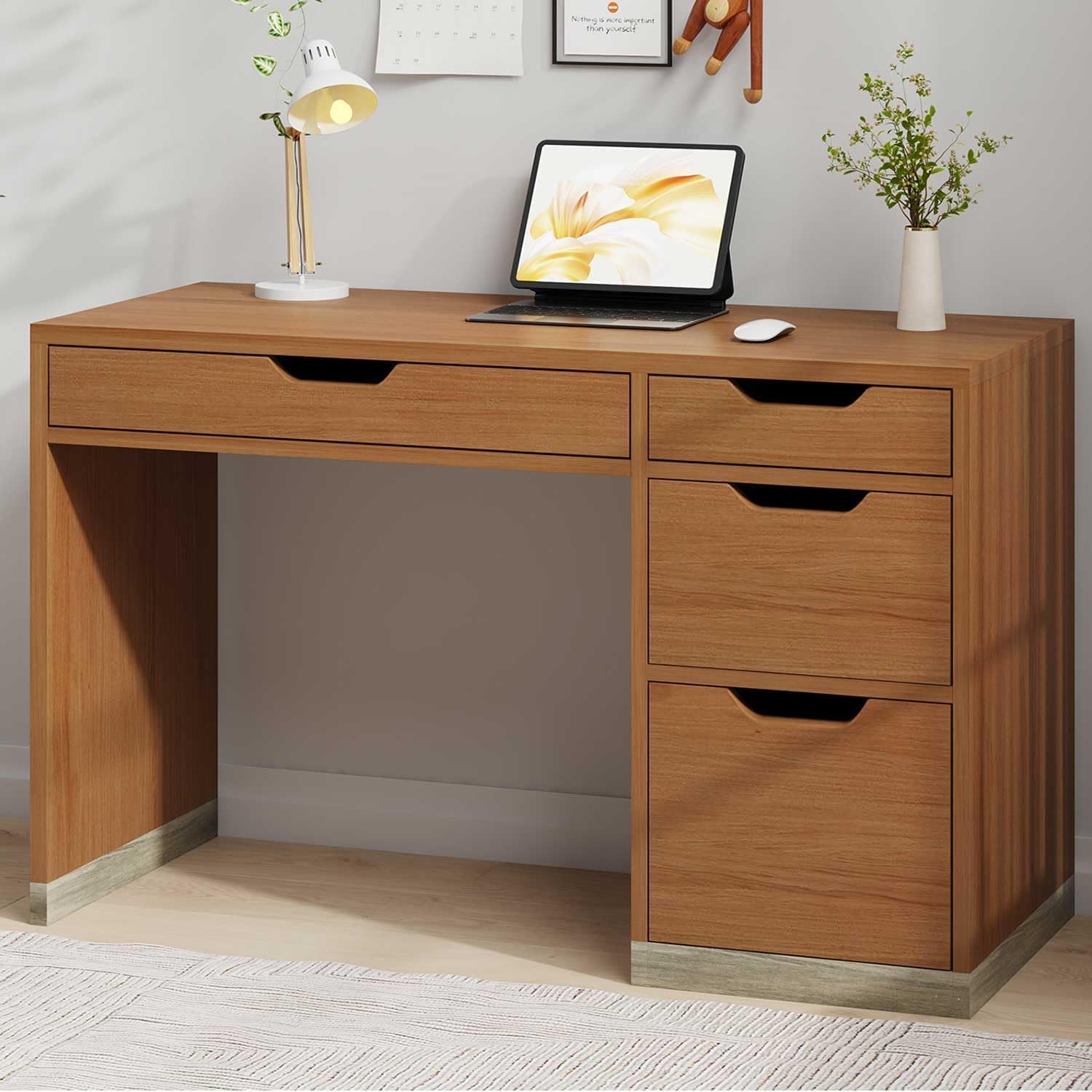 MaverickFurni 48 Inch Small Desk with 4 Drawers, Computer Desk with Storage File Drawer for Bedroom, Home Office Desk with Storage for Small Space, Brown
