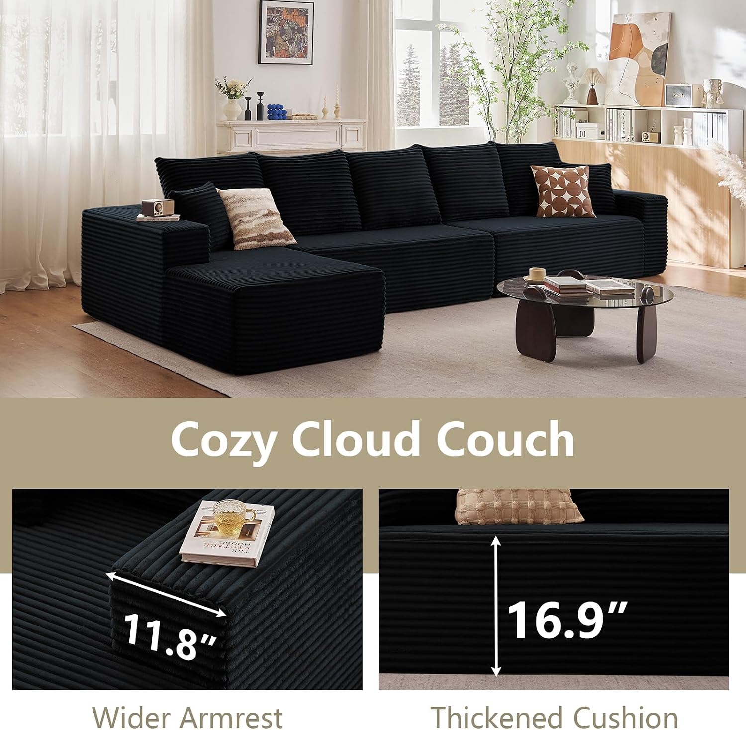 166.9' Cloud Sectional Couch with L-Shape Chaise, Modern Modular Comfy Sofa Chaise Longue, Upholstered Corduroy Couches Sleeper with Deep Seat for Living Room Bedroom, No Assembly Required, Black