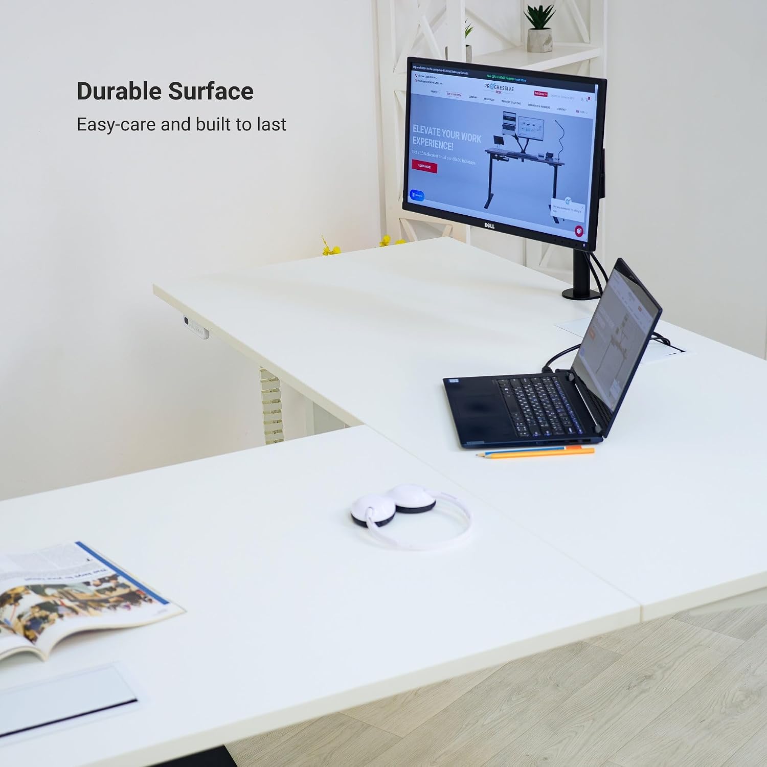 Progressive Desk Stand Up Height Adjustable Electric Standing Desk - L Shaped 60' x 72' Corner Computer Rising Workstation Table - Black Frame, Dark Cherry Top