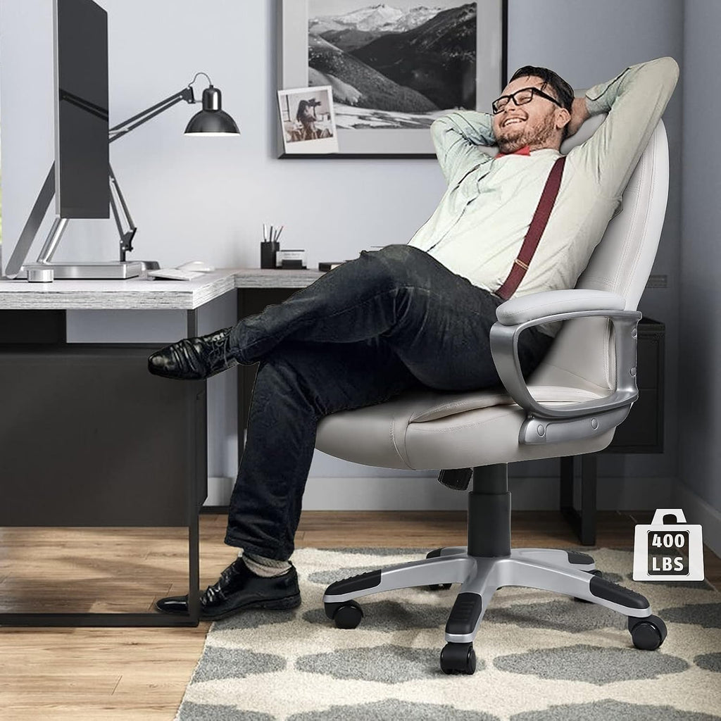 LEMBERI Office Desk Chair, Managerial Executive Chair, High Back Computer Chair, Ergonomic Height Adjustable PU Leather Chairs with Padded Armrest for Long Time Sitting (White)