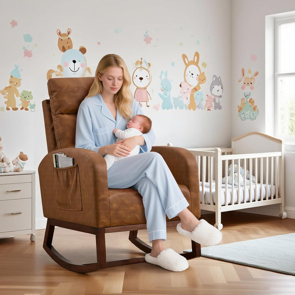 Nursery Glider Rocking Chair with 2 Side Pockets - Solid Wood Legs, Cozy Armchair for Baby Room, Living Room, Bedroom, Comfortable Nursery Essential(Rustic Brown)