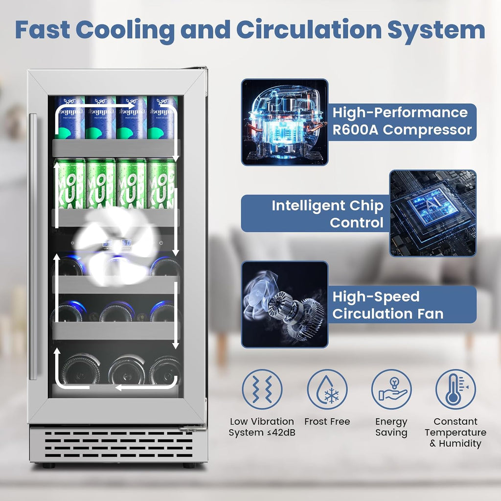 15 Inch Wine and Beverage Refrigerator, 13 Bottle & 48 Cans Dual Zone Wine Cooler, 37-65°F, Freestanding/Under Counter Beverage Fridge with Glass Door Stainless Steel Shelves