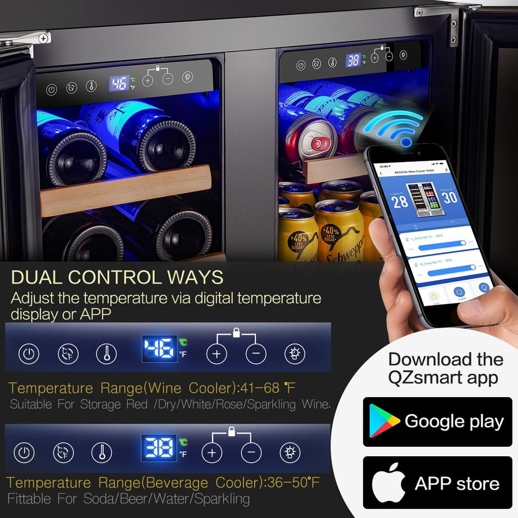 BODEGA 24 Inch Wine and Beverage Refrigerator, 2 Door Commercial Back Bar Cooler, Dual Zone Wine Cooler with Smart APP Control, Black Bar Fridge Hold 19 Bottles and 57 Cans, Built-In or Freestanding.
