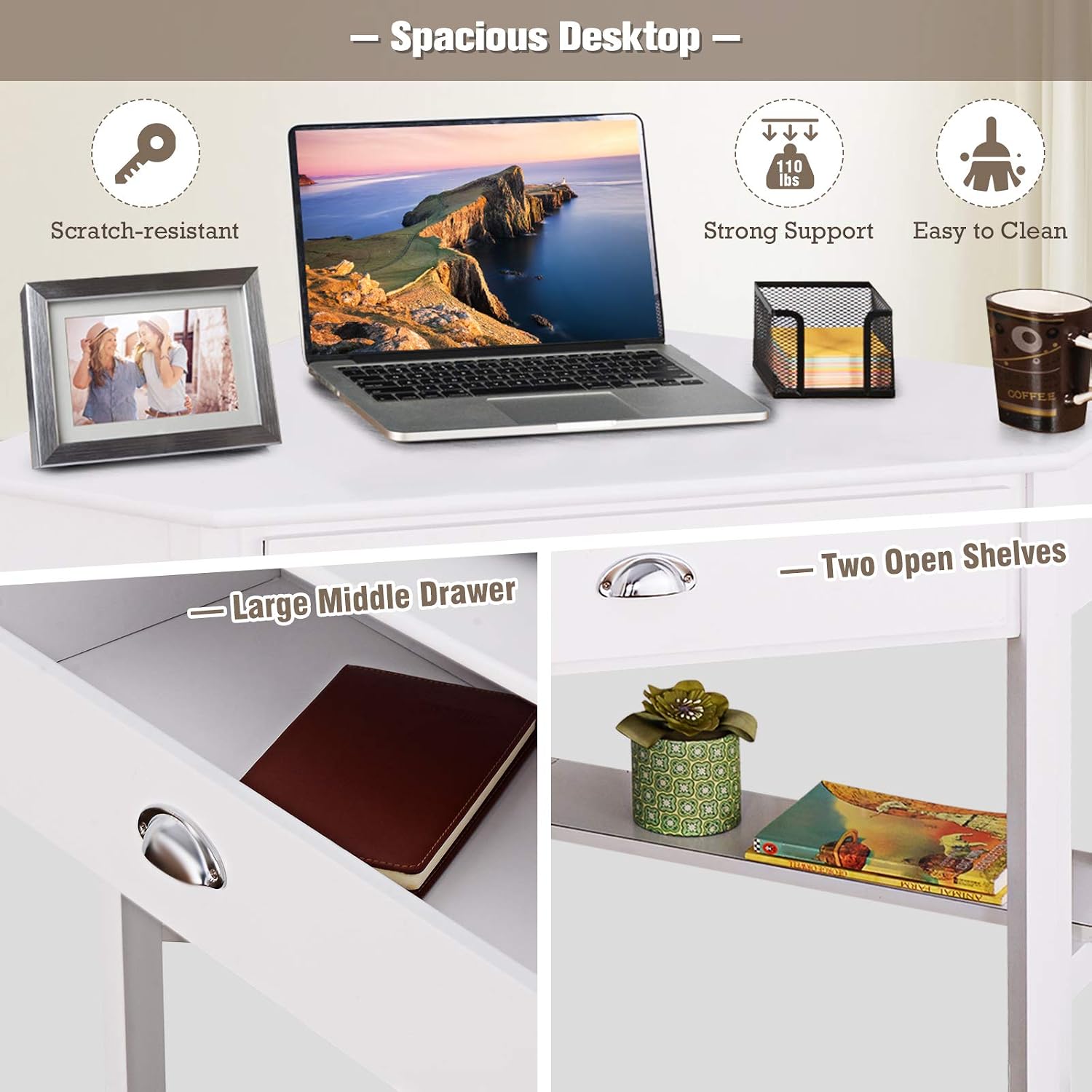COSTWAY Corner Desk, Writing Corner Computer Desk with Drawer for Small Space, Wood Makeup Vanity Desk, Small Corner Desk with Shelves, Office Study Workstation, White Corner Desk (White)