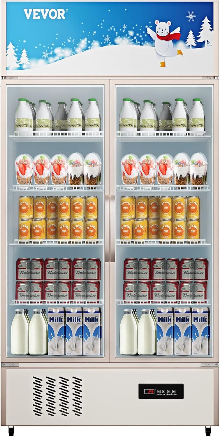 VEVOR Commercial Merchandiser Refrigerator 2 Glass Doors, 23 Cubic Ft, Upright Display Beverage Cooler 79' Tall x 39.4' Width, Fridge with LED Lighting for Drink Wine Soda, Gold