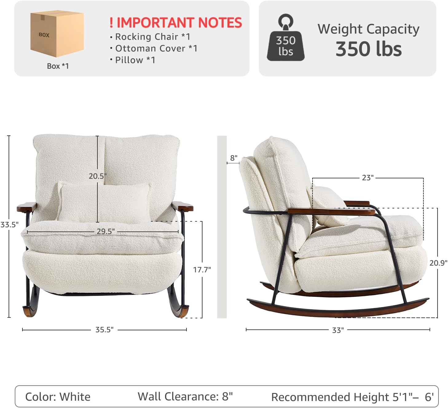 zyz Nursery Rocking Chair with Pillow, Teddy Upholstered Oversized Accent Chair Rocker Recliner, Solid Wood Frame, DIY Ottoman Footrest, Lazy Sofa for Living Room Bedroom (Teddy, White)