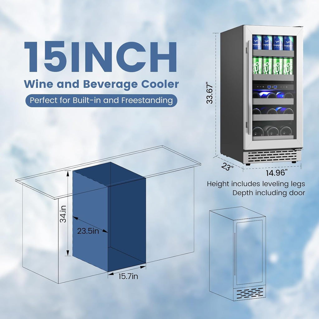 15 Inch Wine and Beverage Refrigerator, 13 Bottle & 48 Cans Dual Zone Wine Cooler, 37-65°F, Freestanding/Under Counter Beverage Fridge with Glass Door Stainless Steel Shelves