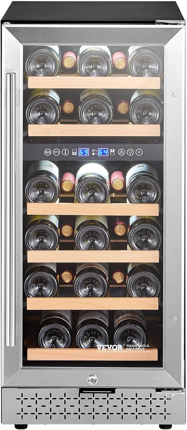 VEVOR Wine Cooler, 28 Bottle Dual Zone Wine Fridge, Mini Wine Cooler Refrigerator with Glass Door, Adjustable Shelves, Digital Temperature Control, Built-in & Freestanding Fridge for Home Office Bar