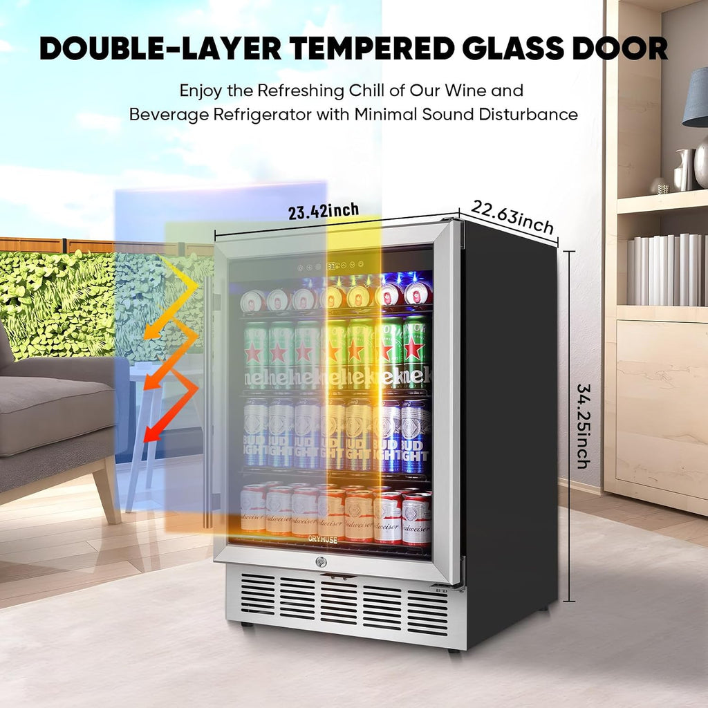 ORYMUSE 24' Beverage Refrigerator, 180 Can Under Counter Drink Cooler with Glass Door & Lock, Built-in or Freestanding Mini Fridge with Quiet Compressor Cooling for Beer, Soda & Wine