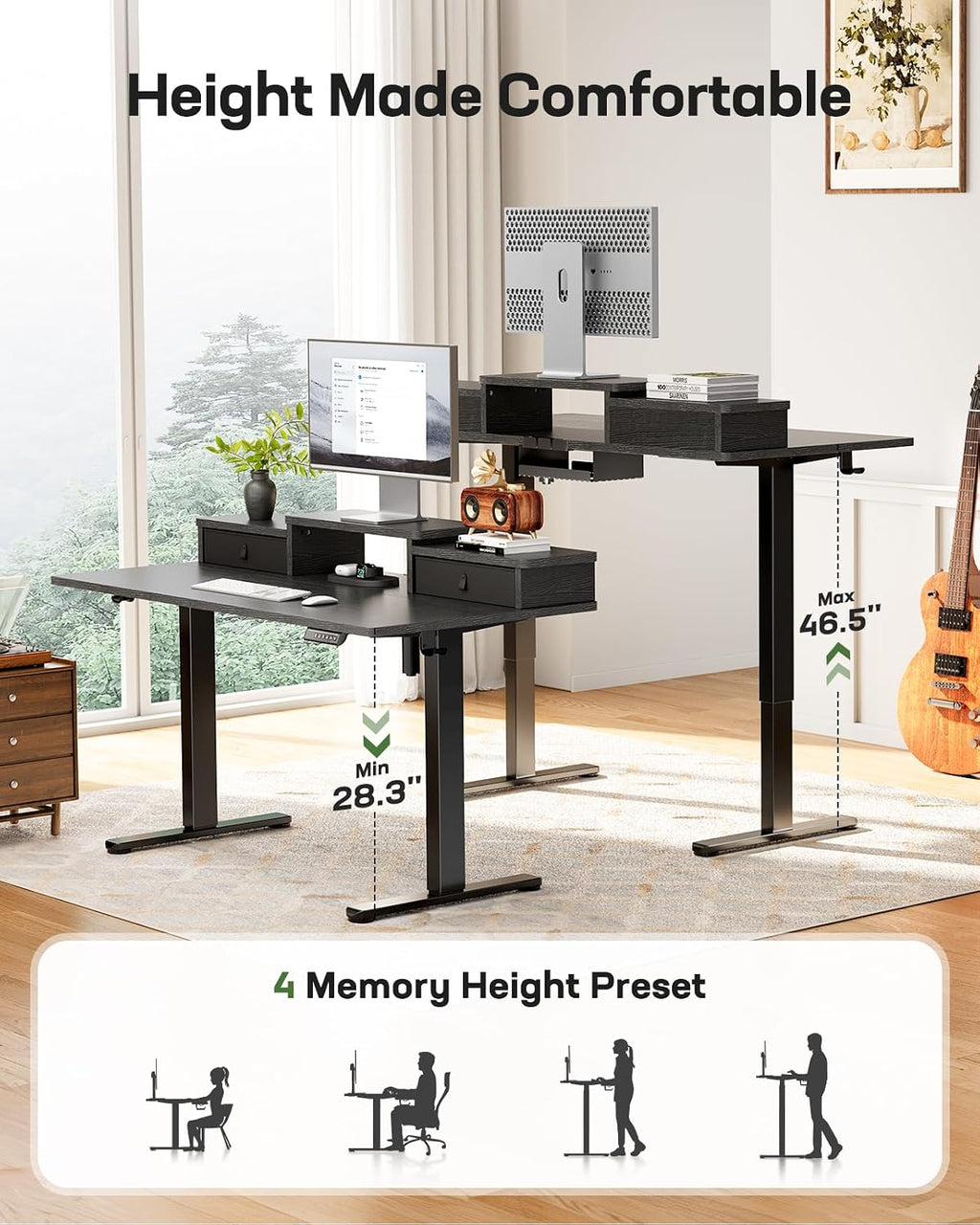 Marsail 55″ x 28″ Electric Standing Desk with Drawers, Height Adjustable Sit Stand Up Desk with Storage Shelf, Ergonomic Home Office & Computer Table with 4 Memory Heights, Black