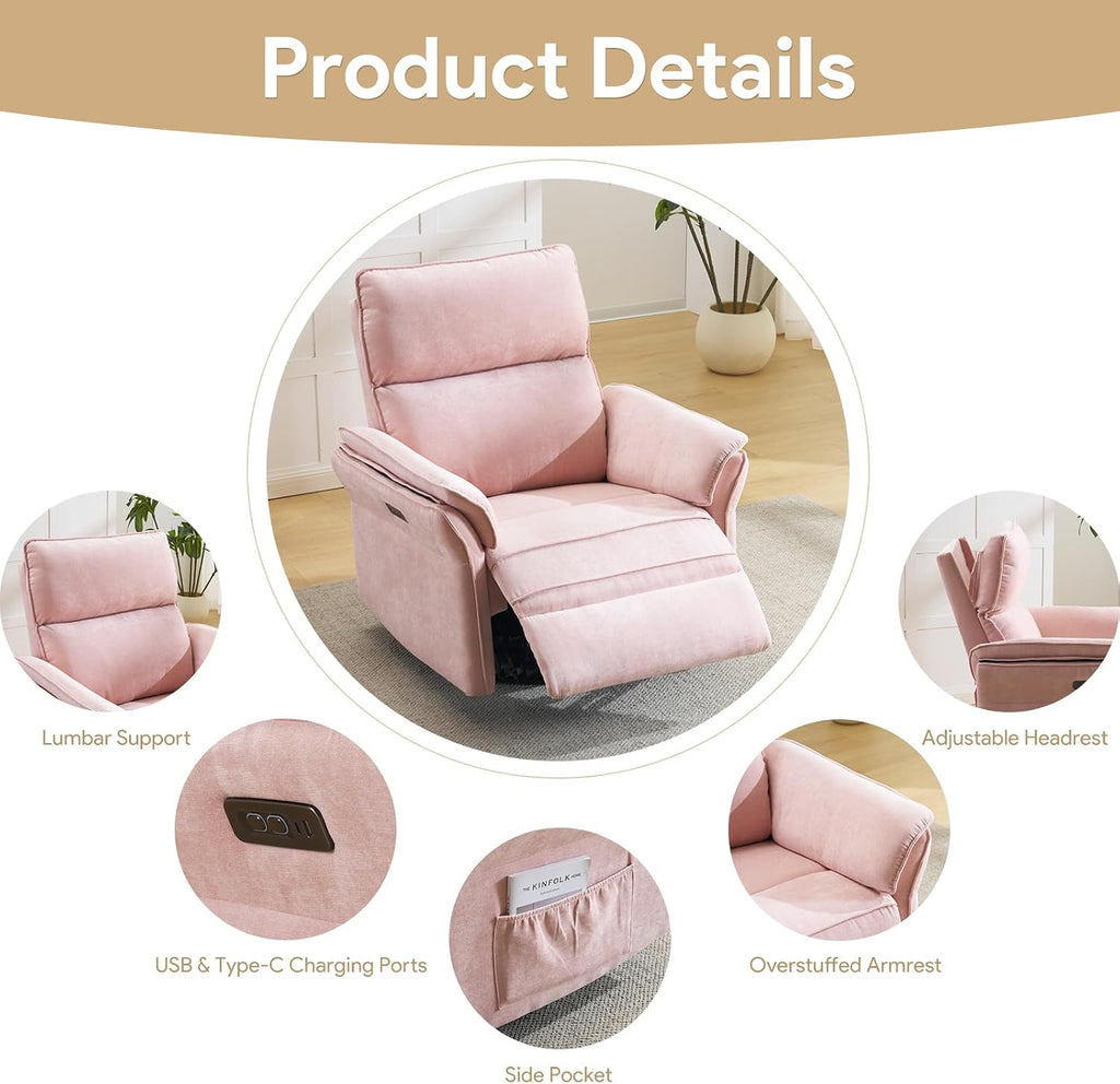 Oversized Rocking Chair Nursery with Massage and Heat, Glider Recliner Nursery Chair with Adjustable Headrest, Power Swivel Rocker Recliner Chair with USB Port, Pink
