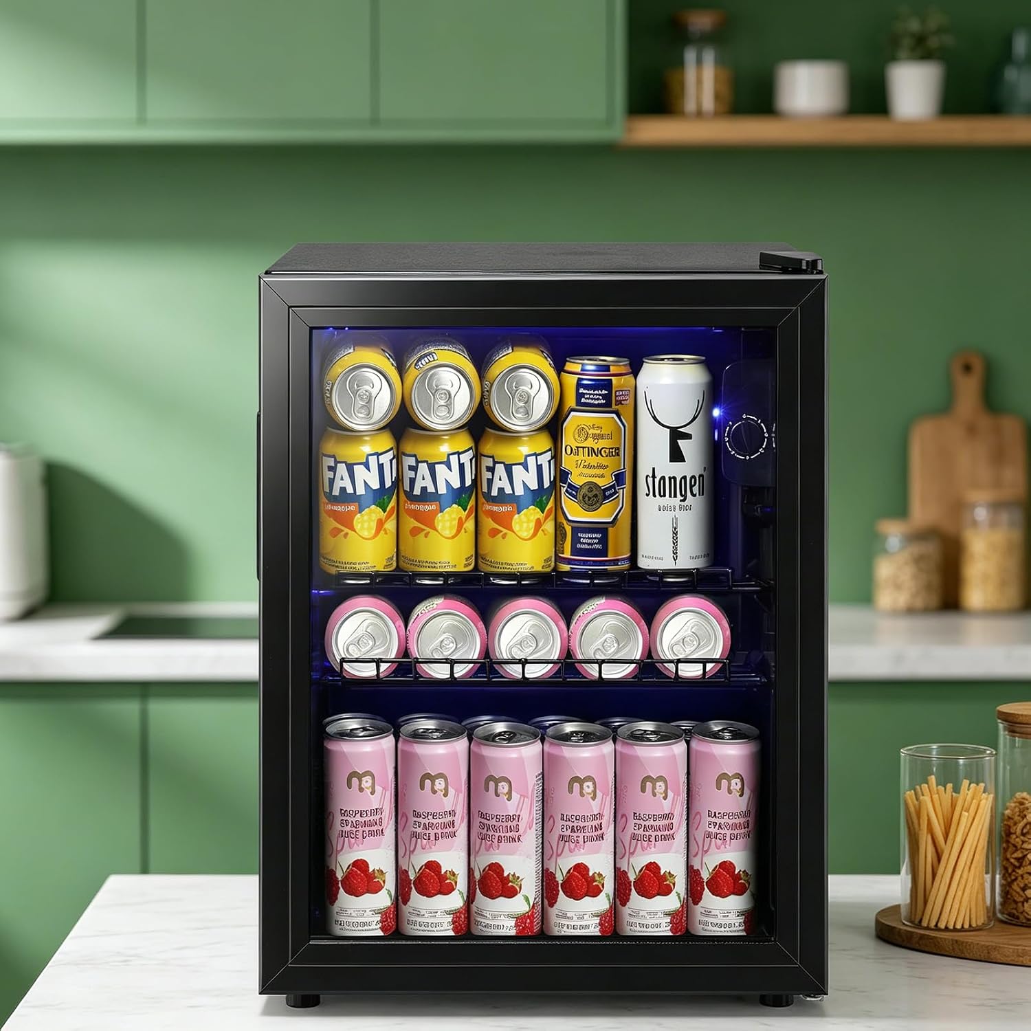 WANAI Beverage Refrigerator and Cooler with Glass Door - 80 Can Capacity, 2.6 Cu.ft Small Beer Fridge for Drinks, Soda, Wine- Mini Cooler with 7 Adjustable Temperature Control and Blue LED Light