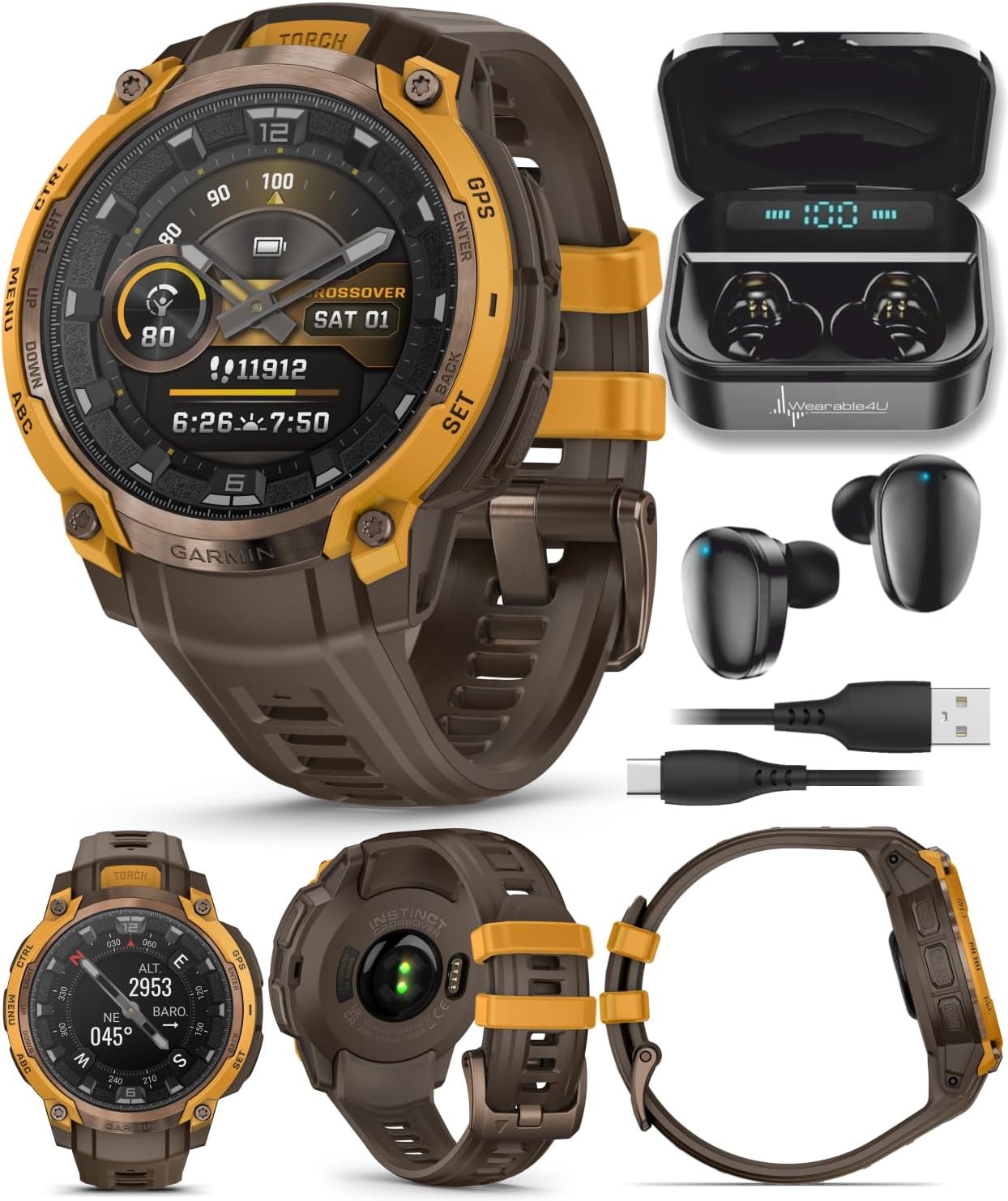 Garmin Instinct Crossover 1.2' AMOLED Sapphire Rugged Hybrid GPS Smartwatch, Analog Hands, Health & Wellness Monitoring, Sleep Tracking, Charcoal Black Earbuds Bundle