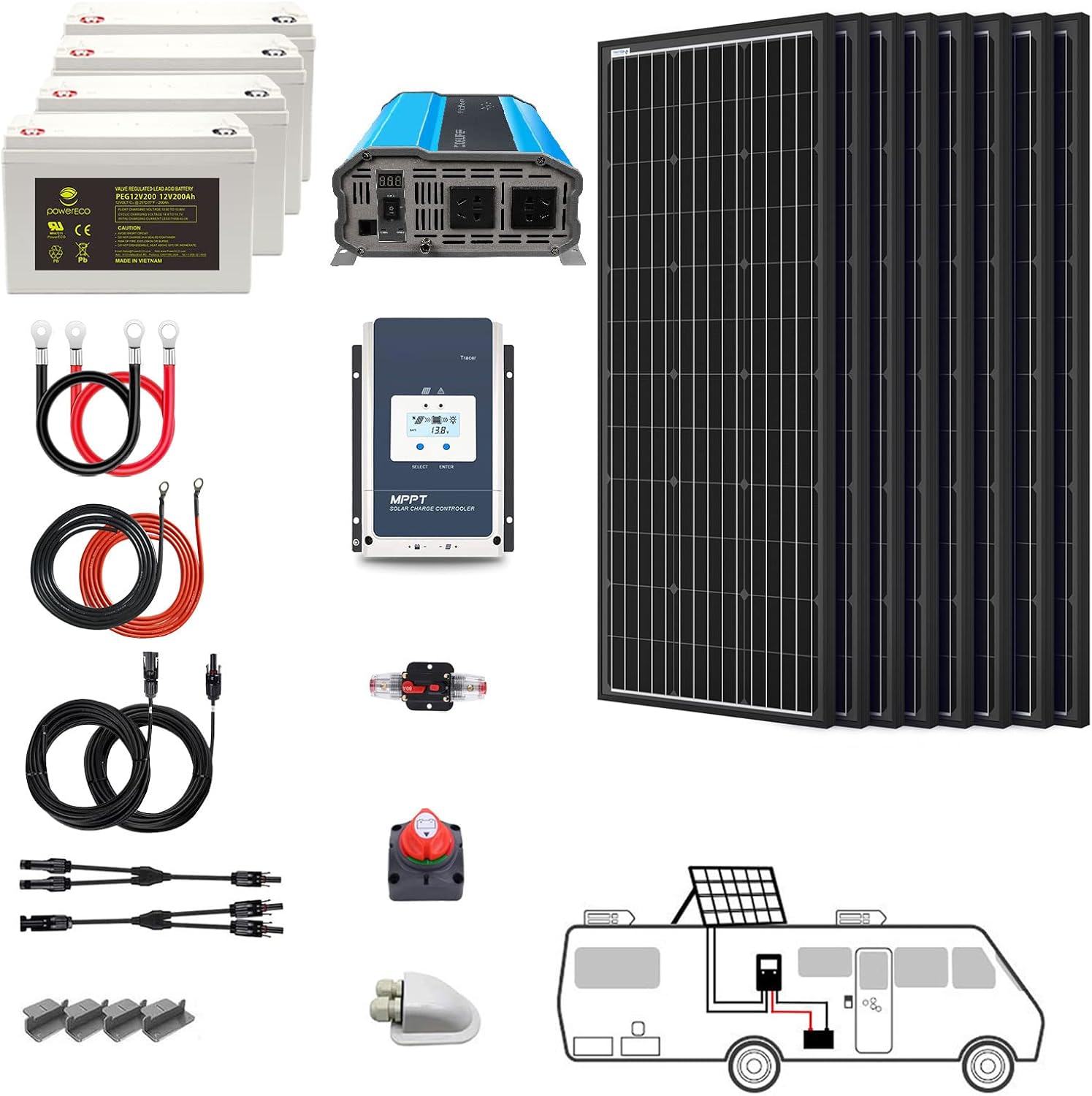 800 Watt RV Solar System Mono (800W Solar Kit+3000W Inverter+800ah Battery) for RV, Boat, Cabin, Off-Grid 12 Volt Battery System