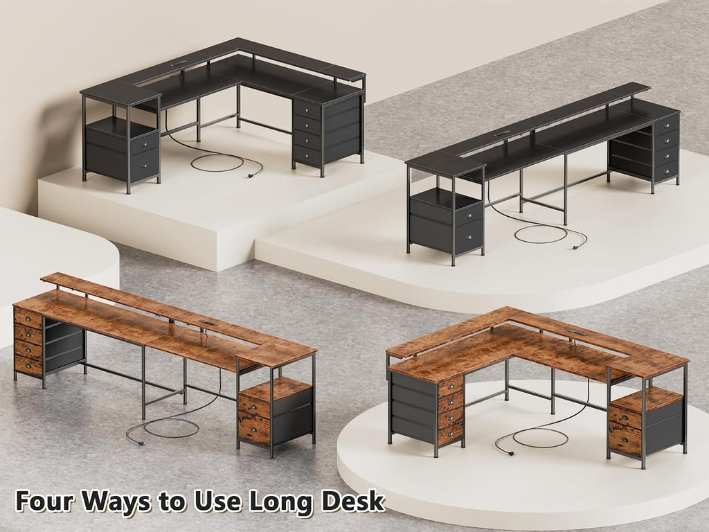Furologee 95' Two Person Computer Gaming Desk, Long 2 Person Home Office Desk with 6 Drawers & Storage Shelves, Double Table with Power Outlets, LED Lights and Full Monitor Shelf, Black