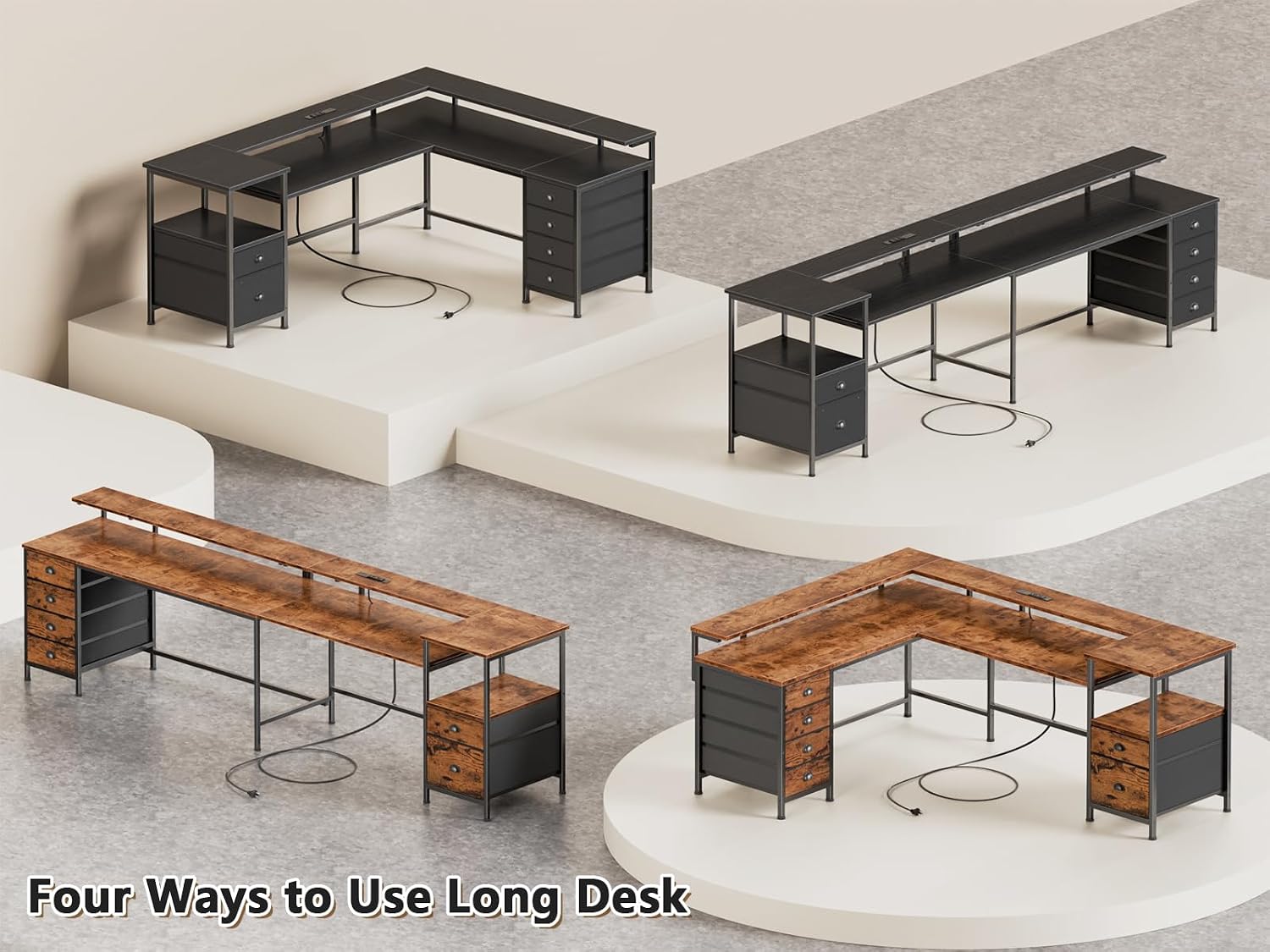 Furologee 95' Two Person Computer Gaming Desk, Long 2 Person Home Office Desk with 6 Drawers & Storage Shelves, Double Table with Power Outlets, LED Lights and Full Monitor Shelf, Black