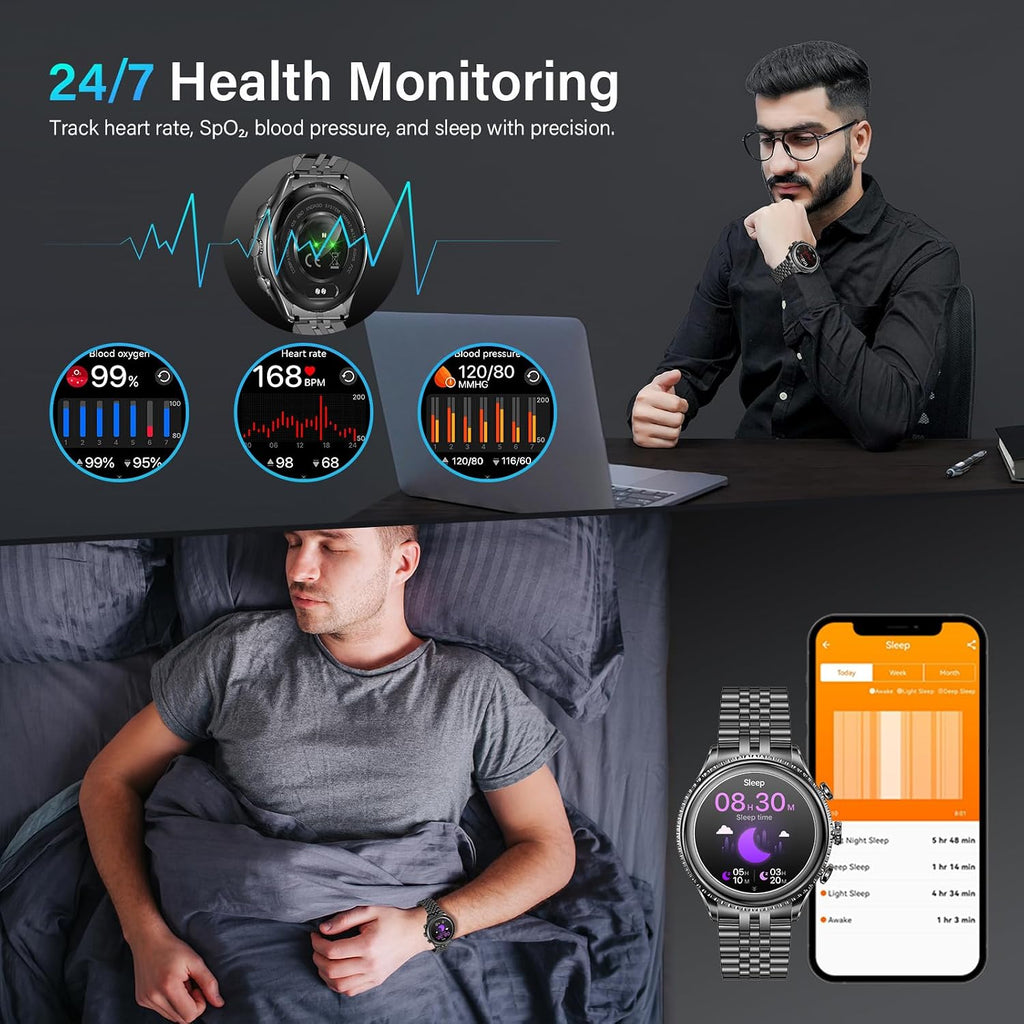 2026 Rotating Bezel Smart Watch for Men with Bluetooth Call, Heart Rate, Blood Pressure, SpO2, Sleep Monitor, Waterproof Round Watch with Encoder Knob, 1.32' AMOLED Display, Compatible Android and iOS