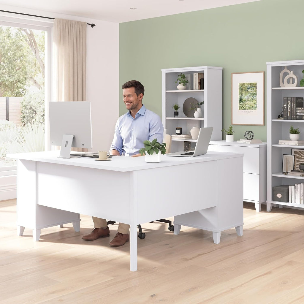 Bush Home 60-Inch L-Shaped Desk with Storage, Corner Computer Office Desk with Drawers and Storage Cabinet, Home Office Furniture, Somerset Collection, White