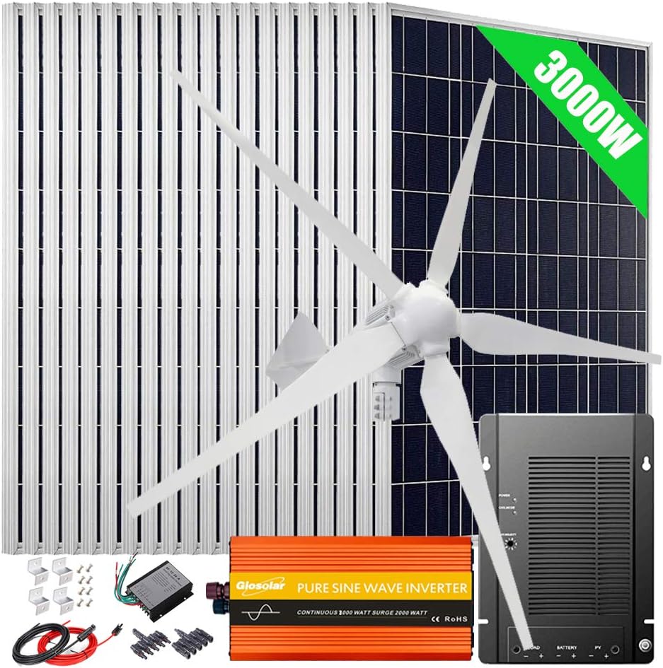 3000W Wind Turbine Generator Solar Panel System with 3000W Power Inverter: 20pcs 100W Poly Solar Panel + 1000W 48V Windmill + 40A MPPT Charge Controller + Cables + Z Mount Brackets