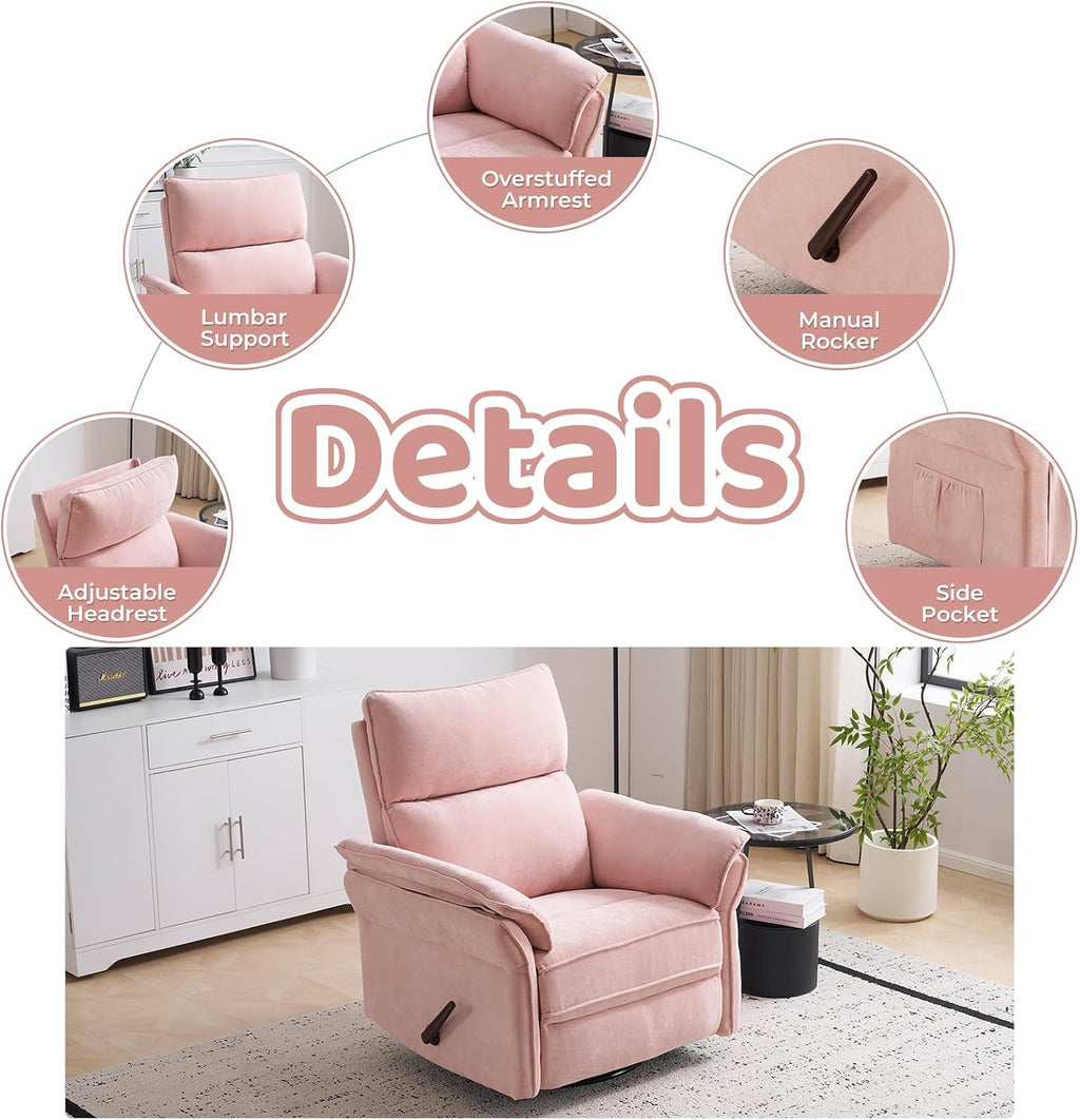 Oversized Swivel Rocker Recliner with Adjustable Headrest, Rocking Chair Nursery with Overstuffed Armrest, Manual Rocker Recliner Nursery Chair for Living Room, Pink