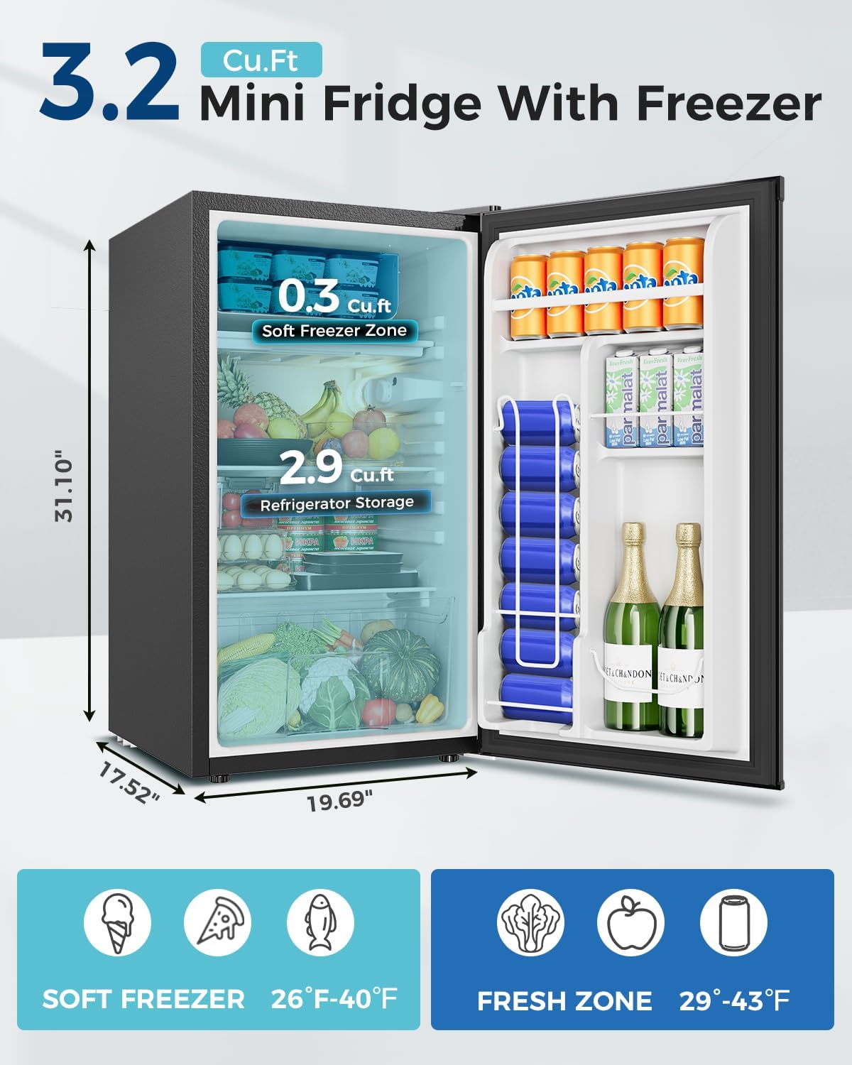 Feelfunn Mini Fridge with Freezer - 3.2 Cu.Ft Single Door Mini Refrigerator with Adjustable Thermostat, Small Fridge for Bedroom, Apartment, Dorm - Black