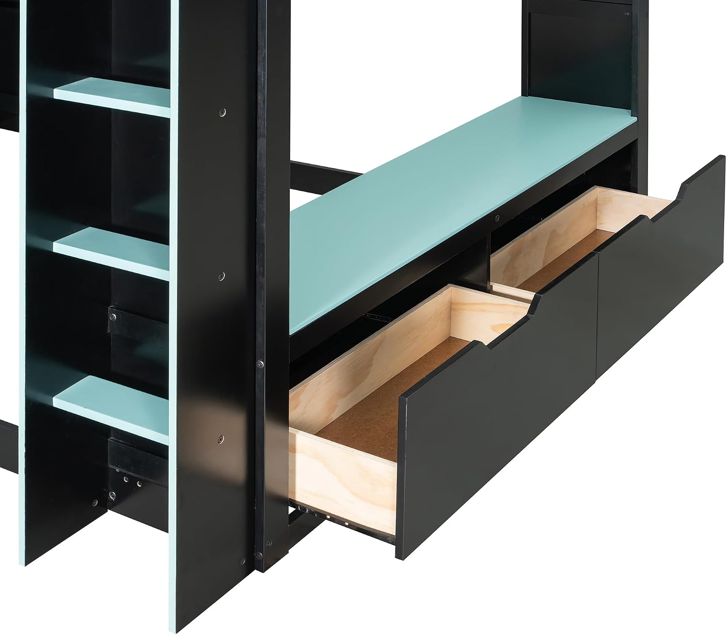 Merax Wood Loft Bed with Height-Adjustable Desk,Drawers,Storage Compartments,Hanging Rod and RGB Lights, Full Size, Blue