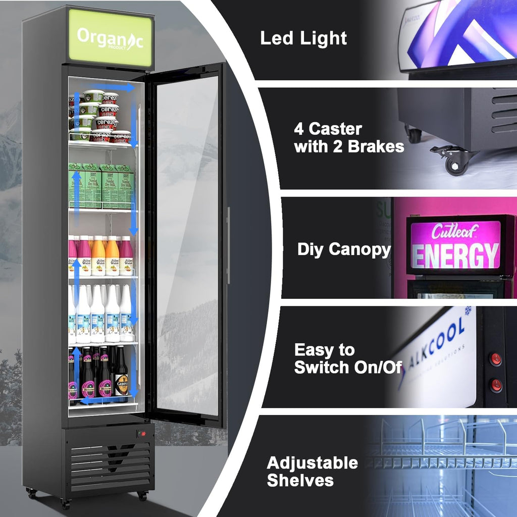 Tall Slim Glass Door Beverage Cooler, 6 Cu Ft Narrow Commercial Display Refrigerator Merchandiser,Skinny Drink Fridge for with LED Light Adjustable Shelves,ETL Approval,15.4' Wide