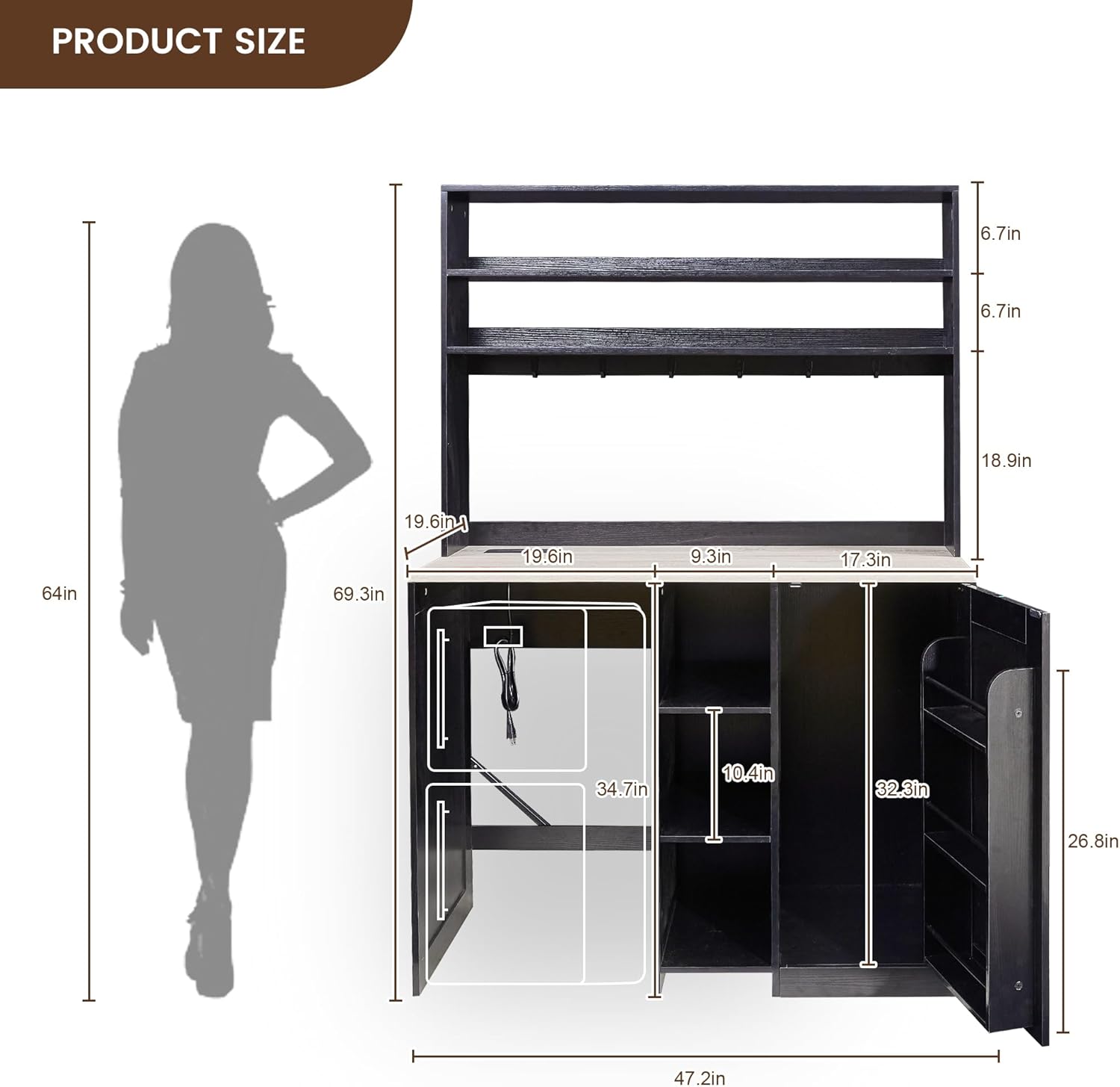 Mini Fridge Cabinet with Storage, Coffee Bar Cabinet with Mini Fridge Space and Power Outlet, Liquor Wine Bar Cabinet with Microwave Shelf, Beverage Station for Kitchen, Dorm, Living Room