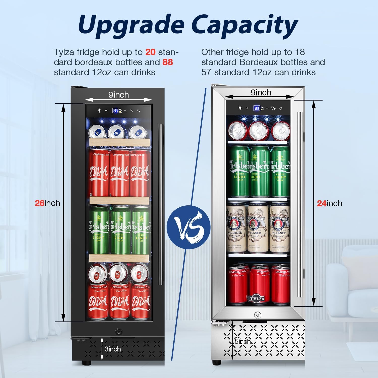 Tylza 24 Inch Wine and Beverage Refrigerator, Dual Zone Wine Beverage Cooler 24' with French Door, Under Counter Wine Beer Fridge Built-In or Freestanding, Holds 20 Bottles and 88 Cans, Black