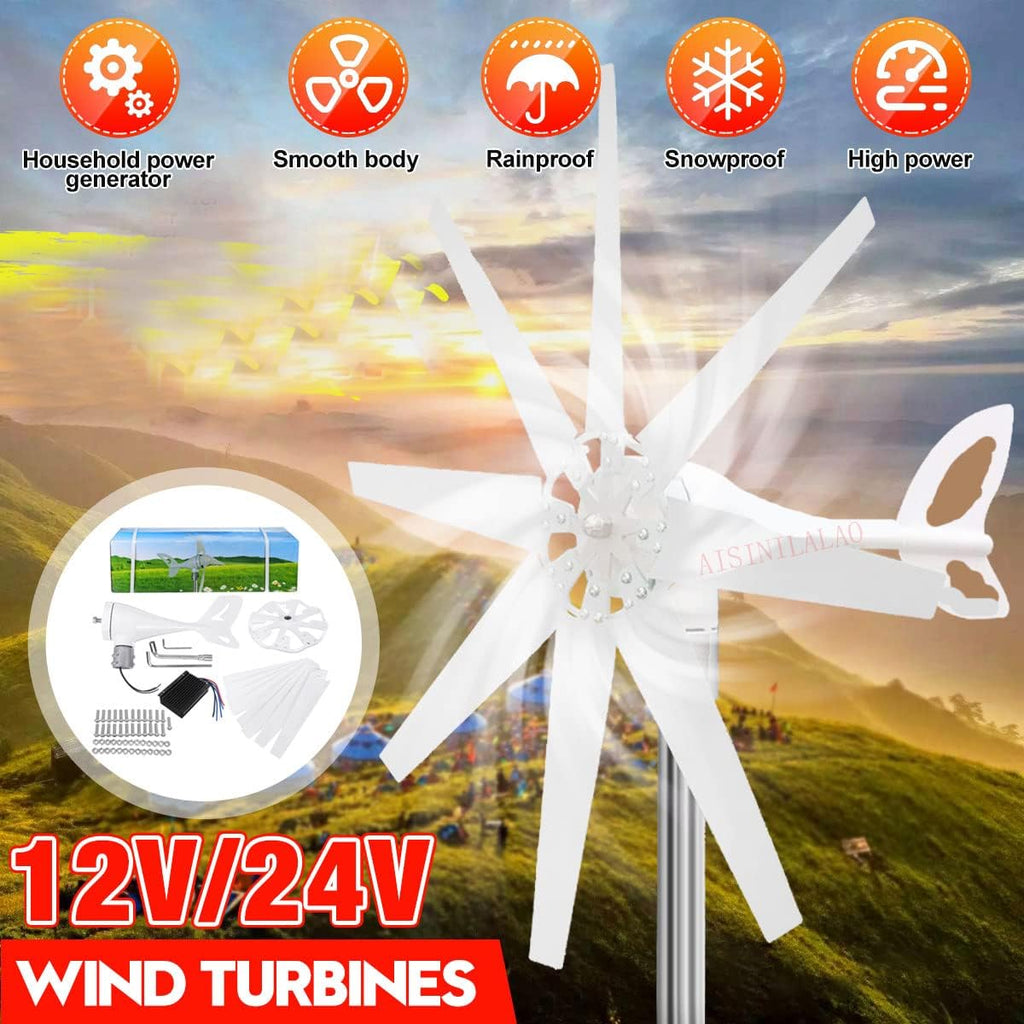 3000W Noiseless and Low Wind Speed Wind Turbine Generator 12V 24V with MPPT Charge Controller for Solar Panels Garden Street Lighting (White)