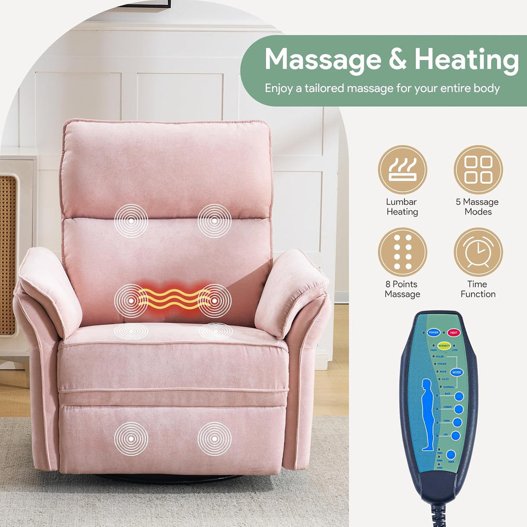 Oversized Rocking Chair Nursery with Massage and Heat, Glider Recliner Nursery Chair with Adjustable Headrest, Power Swivel Rocker Recliner Chair with USB Port, Pink