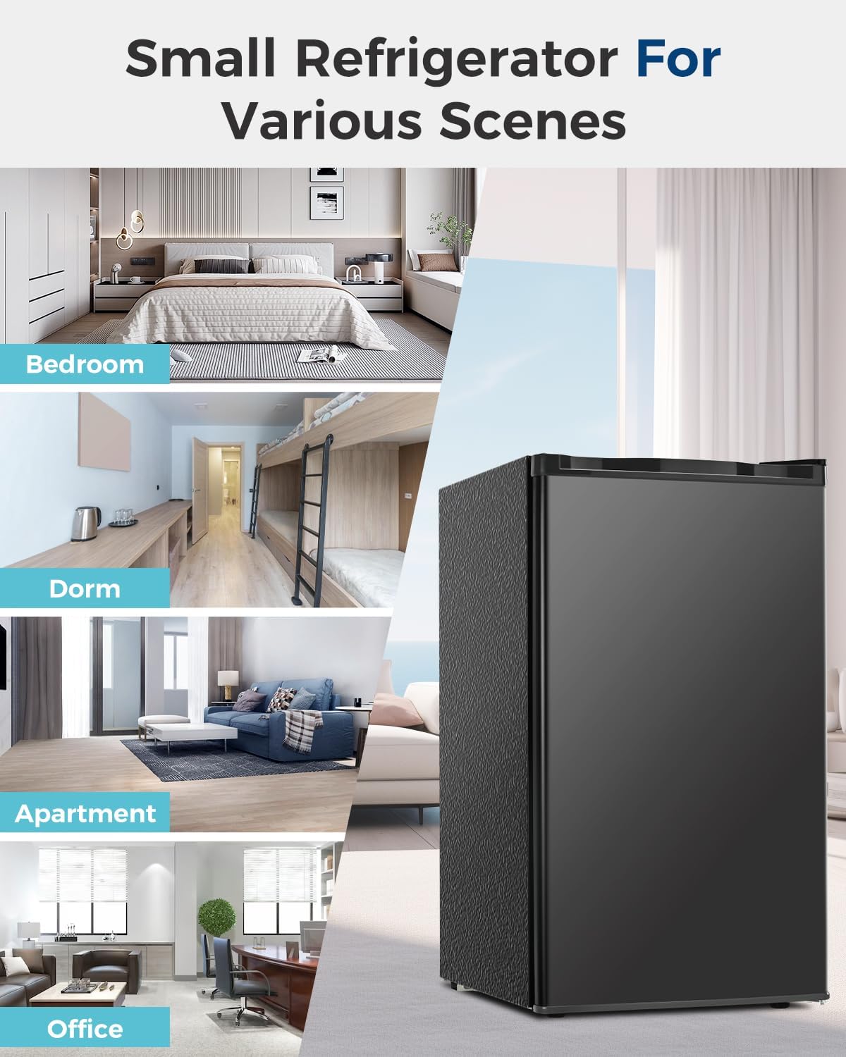 Feelfunn Mini Fridge with Freezer - 3.2 Cu.Ft Single Door Mini Refrigerator with Adjustable Thermostat, Small Fridge for Bedroom, Apartment, Dorm - Black