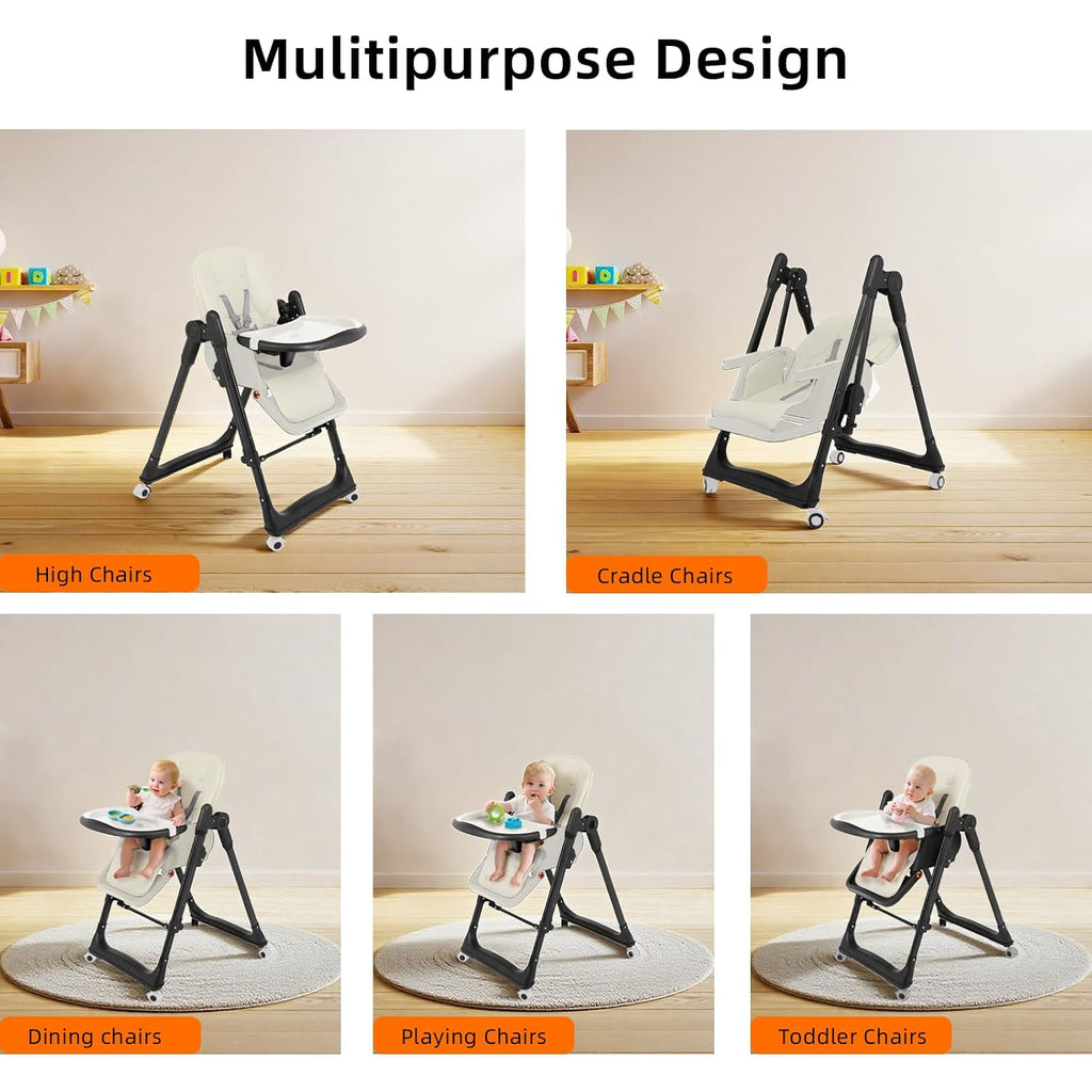 No-Tools Rocking High Chair with Gentle Sway | 5-Min Setup, Removable Easy-Clean Tray & Machine Washable Cover | Space-Saving Foldable Design for Babies & Toddlers (Black White)