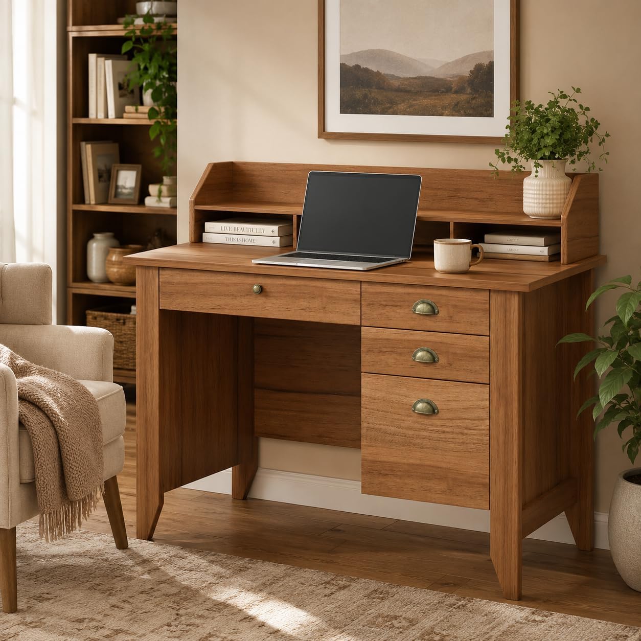 4 EVER WINNER Small Desk with Drawers, 47'' Wooden Desk with Monitor Stand and File Drawer, Computer Desk with Storage for Bedroom, Living Room, Small Spaces, Walnut