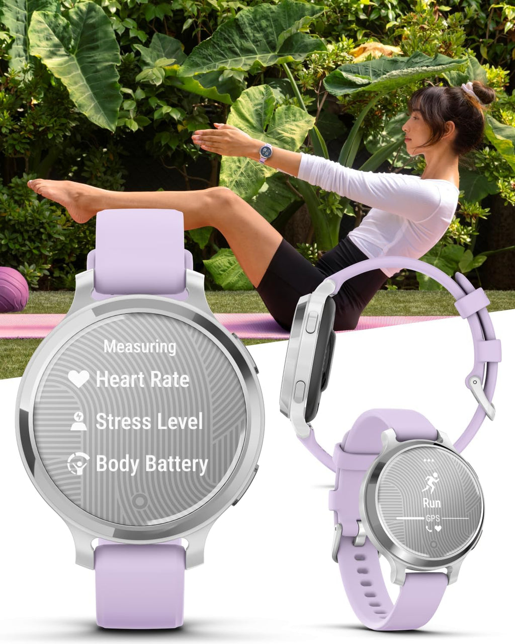 Garmin Lily 2 Active, Silver with Purple Jasmine Silicone Band, Small and Stylish Smartwatch, Built-in GPS, Hidden Display, Patterned Lens, Up to 9 Days Battery Life Power Bank Bundle
