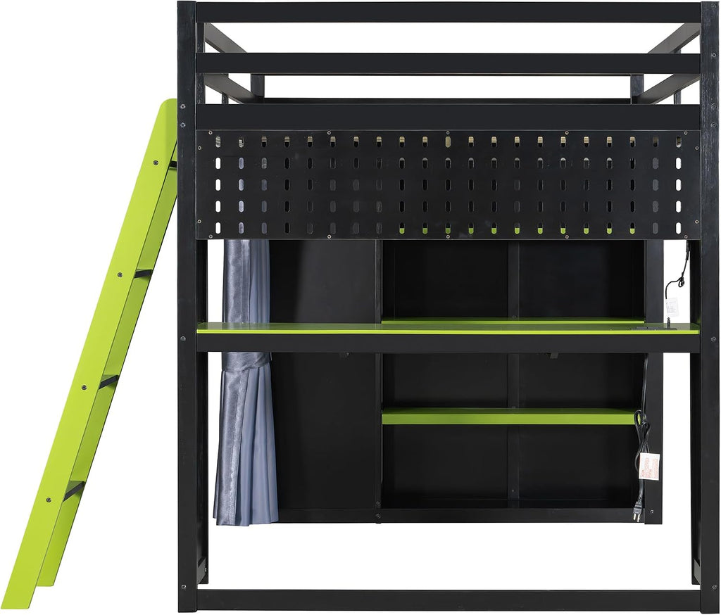 Full Gaming Loft Bed with Wardrobe & Desk & Charging Station & RGB Light,Esports Wood Loft Bed Frame with Storage Shelves,Curtains and DIY Pegboard,Space Saving,No Box Spring Needed,Black Green