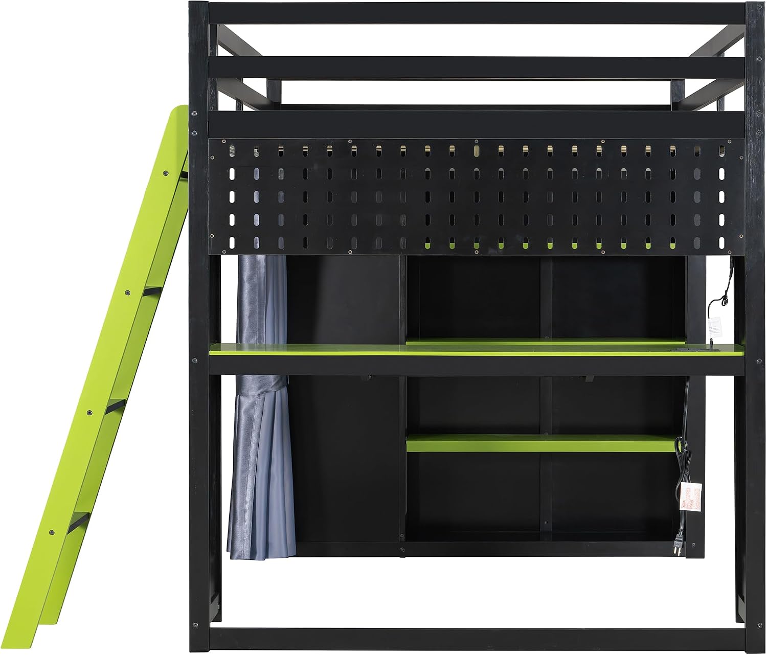 Full Gaming Loft Bed with Wardrobe & Desk & Charging Station & RGB Light,Esports Wood Loft Bed Frame with Storage Shelves,Curtains and DIY Pegboard,Space Saving,No Box Spring Needed,Black Green