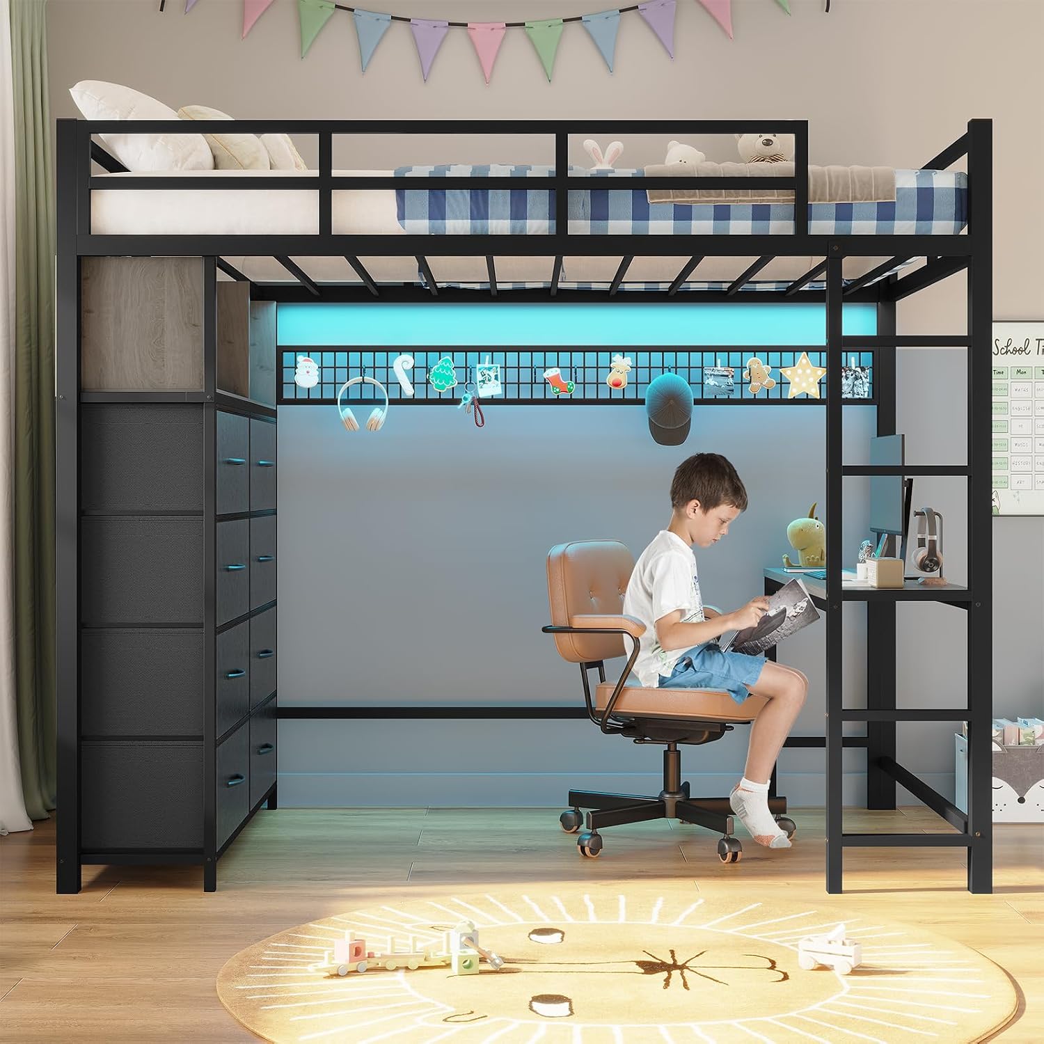 ADORNEVE Twin Size Loft Bed with Desk and 8 Storage Drawers, Metal Loft Bed Twin with LED Lights & Charging Sation, Storage Shelves, 13.1' H Safety Guard & Ladder, No Box Spring Needed, Grey
