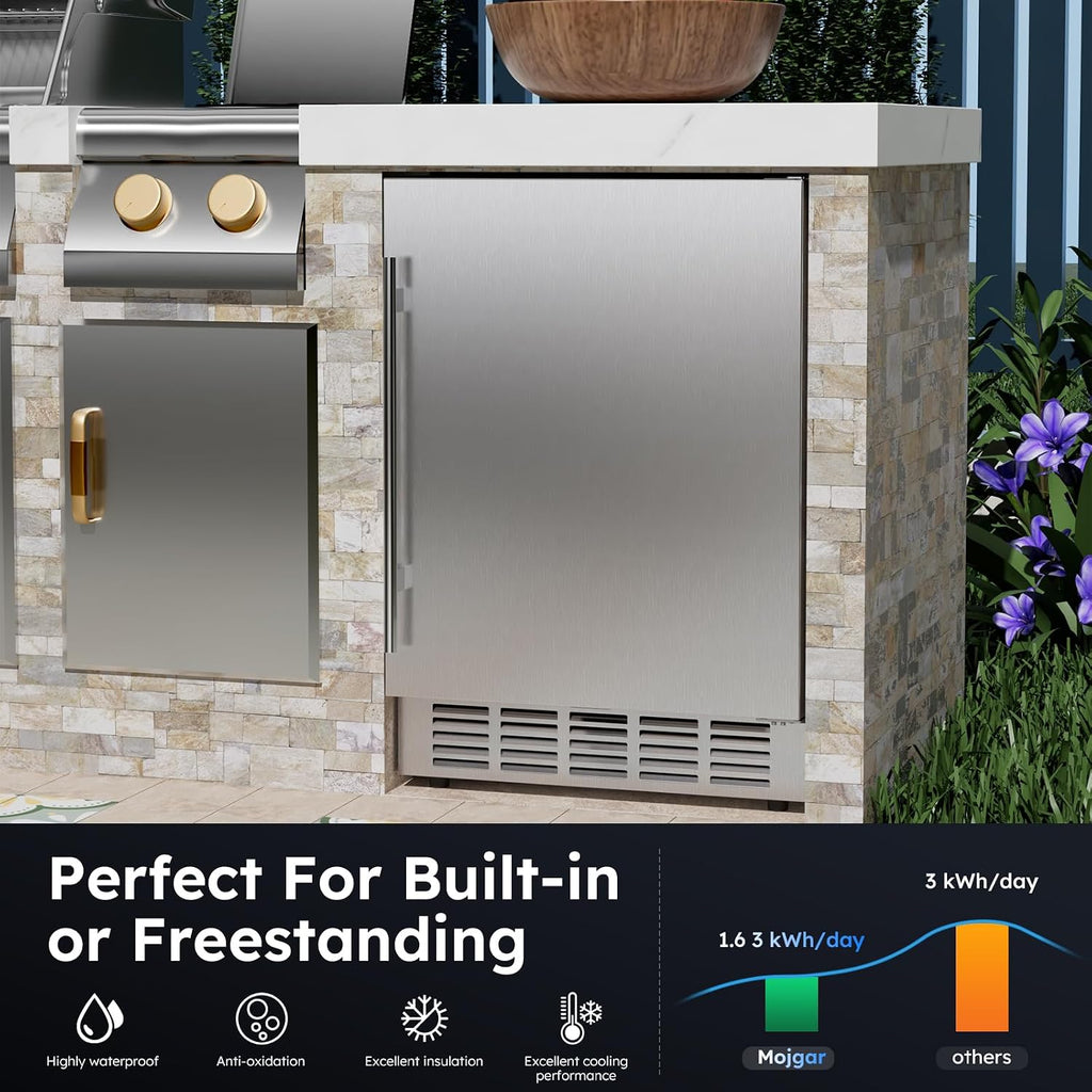 Mojgar 24 Inch Outdoor Beverage Fridge, Weather Proof Stainless Steel Beverage Cooler Under Counter Beer Fridge, Indoor/Outdoor Beverage Refrigerator for 190 Cans, Built-in/Freestanding (Foam Door)