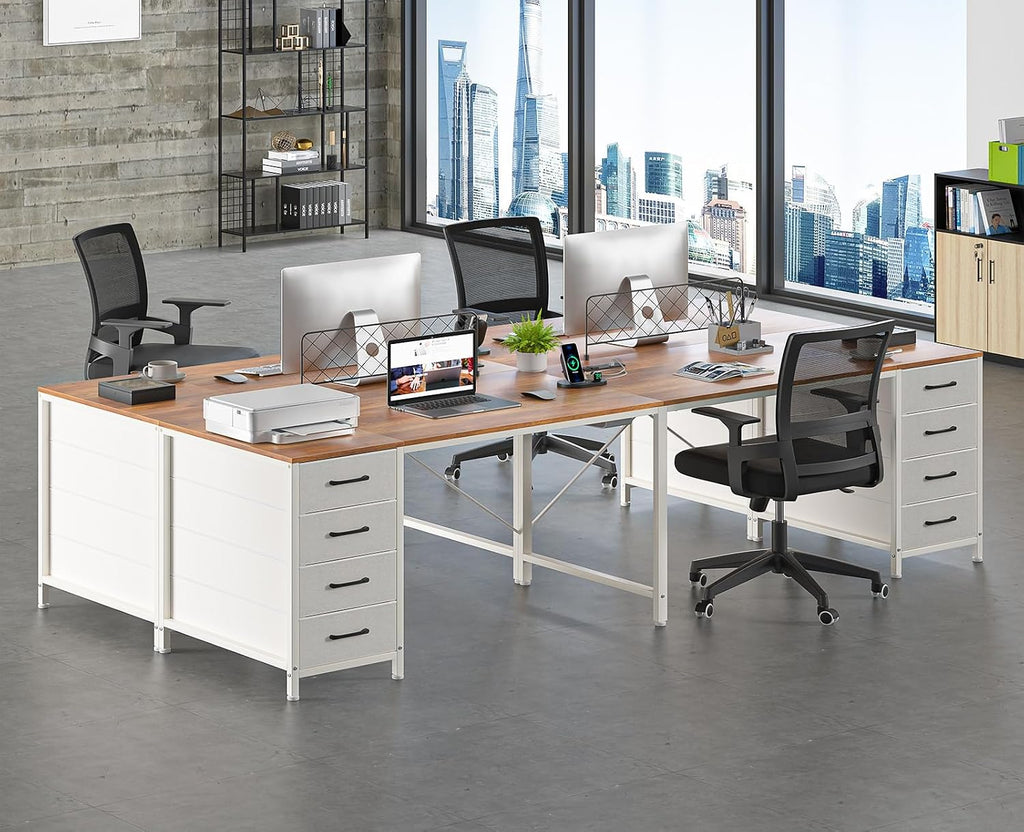 TVU 95' 2 Person Desk with 8 Fabric Drawers, Long Computer Desk Home Office Desk with Storage, Two Person Double Desks with Power Outlets, Brown and White
