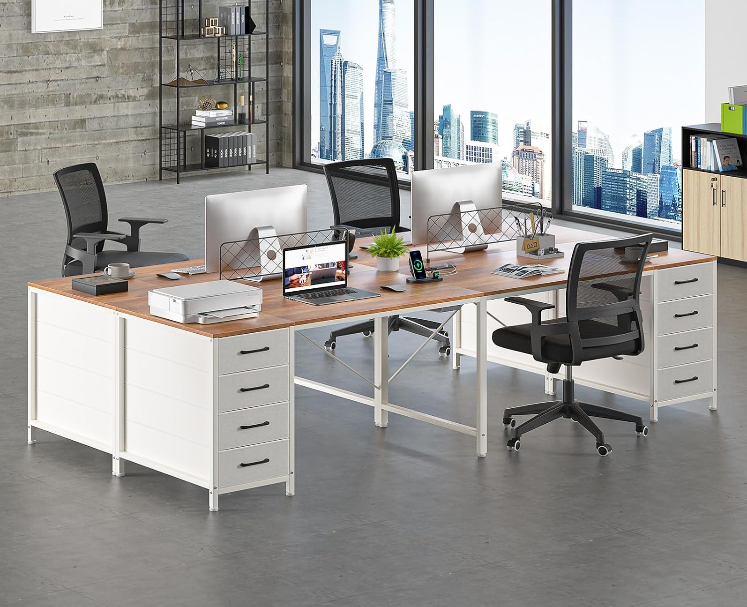 TVU 95' 2 Person Desk with 8 Fabric Drawers, Long Computer Desk Home Office Desk with Storage, Two Person Double Desks with Power Outlets, Brown and White