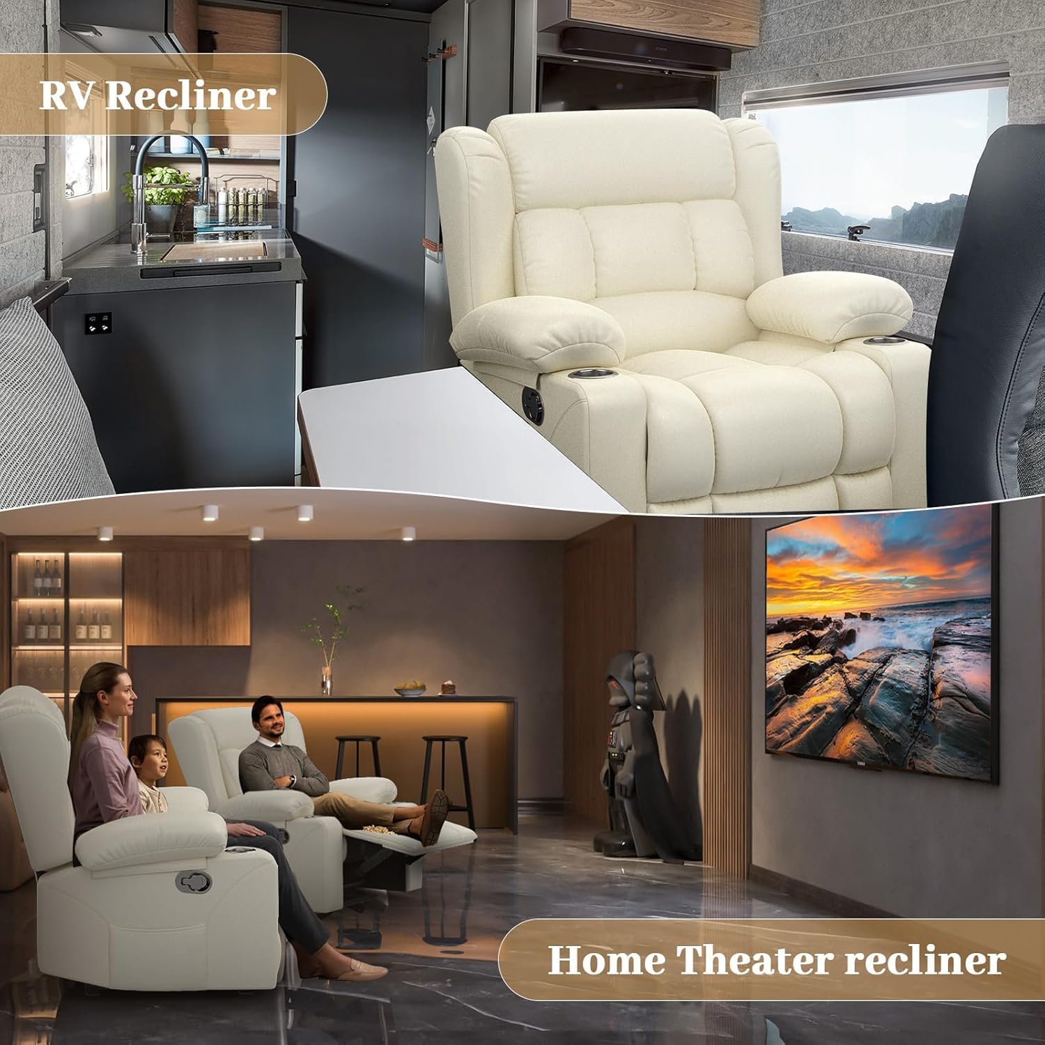 FURNIMAT Recliner Chair, Oversized Manual Reclining Chair for Adults, Single Reclining Sofa with Cup Holder & Pocket, Lounge Recliner for Living Room Home Theater Seating RV Chairs