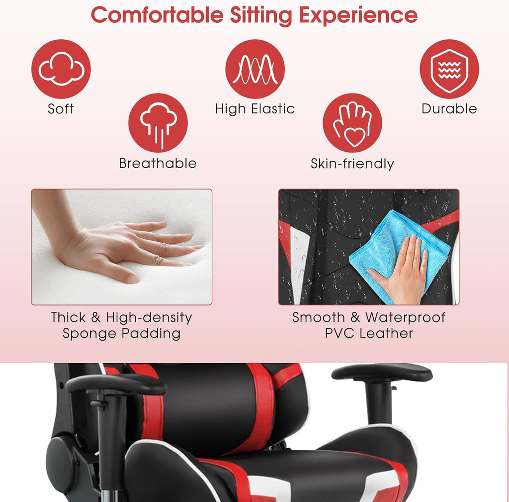 Tangkula Gaming Desk and Chair Set, Ergonomic Gamer Desk & Racing Chair Set Cup Holder, Headphone Hook, Handle Rack & Monitor Stand, Massage & Headrest, Home Office Computer Desk Chair Set (Red)